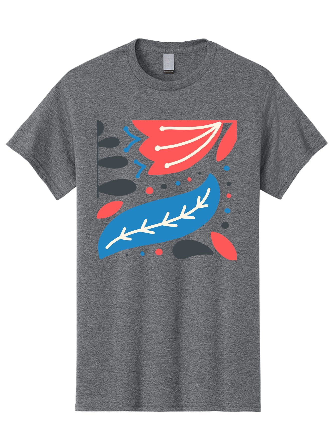 Leaf-Pattern Men'S Graphic Tee, 100% Cotton, Comfortable Casual Summer Wear, Machine Washable, Stylized Leaves, Abstract Design, Colorful Shapes, Playful Pattern, Blue And Red Leaves, White Veins, Scattered Dots, Creative Artwork, Aab763