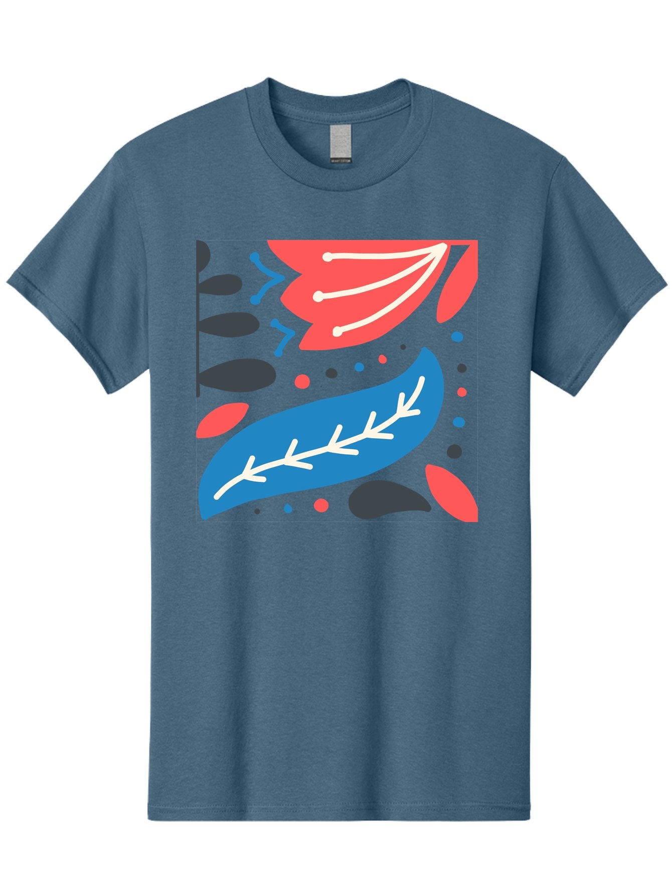 Leaf-Pattern Men'S Graphic Tee, 100% Cotton, Comfortable Casual Summer Wear, Machine Washable, Stylized Leaves, Abstract Design, Colorful Shapes, Playful Pattern, Blue And Red Leaves, White Veins, Scattered Dots, Creative Artwork, Aab763 4