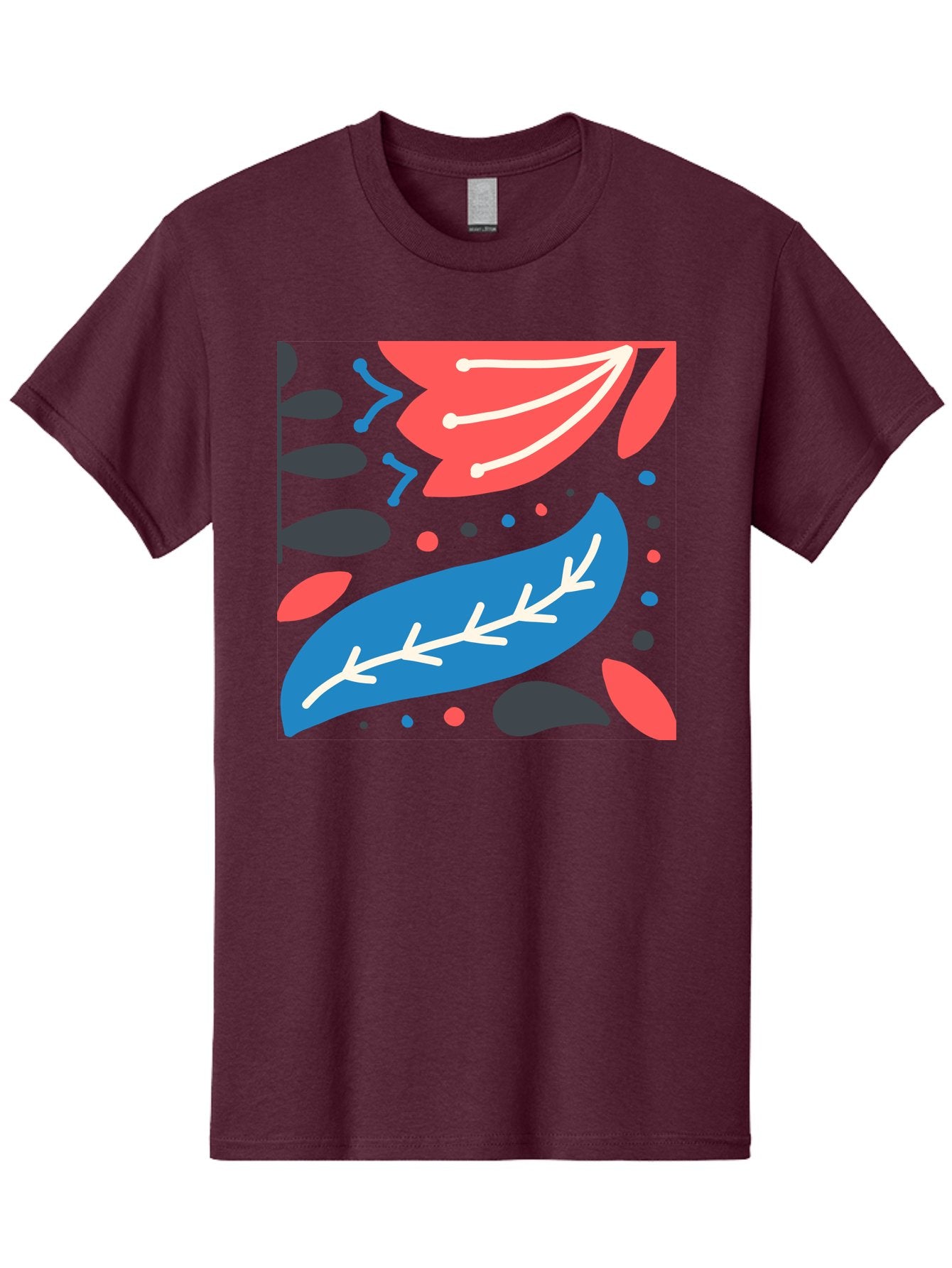 Leaf-Pattern Men'S Graphic Tee, 100% Cotton, Comfortable Casual Summer Wear, Machine Washable, Stylized Leaves, Abstract Design, Colorful Shapes, Playful Pattern, Blue And Red Leaves, White Veins, Scattered Dots, Creative Artwork, Aab763