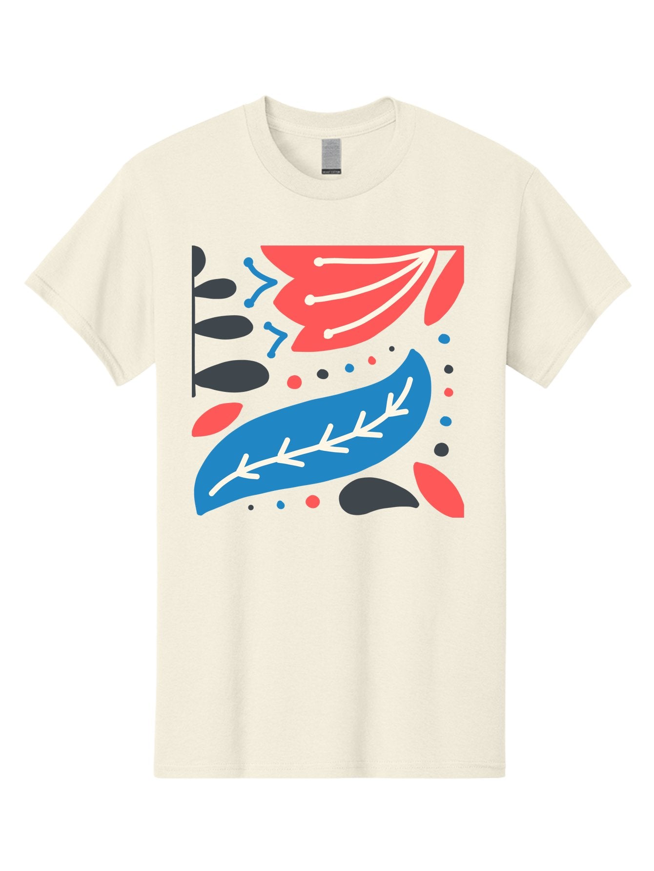 Leaf-Pattern Men'S Graphic Tee, 100% Cotton, Comfortable Casual Summer Wear, Machine Washable, Stylized Leaves, Abstract Design, Colorful Shapes, Playful Pattern, Blue And Red Leaves, White Veins, Scattered Dots, Creative Artwork, Aab763 11