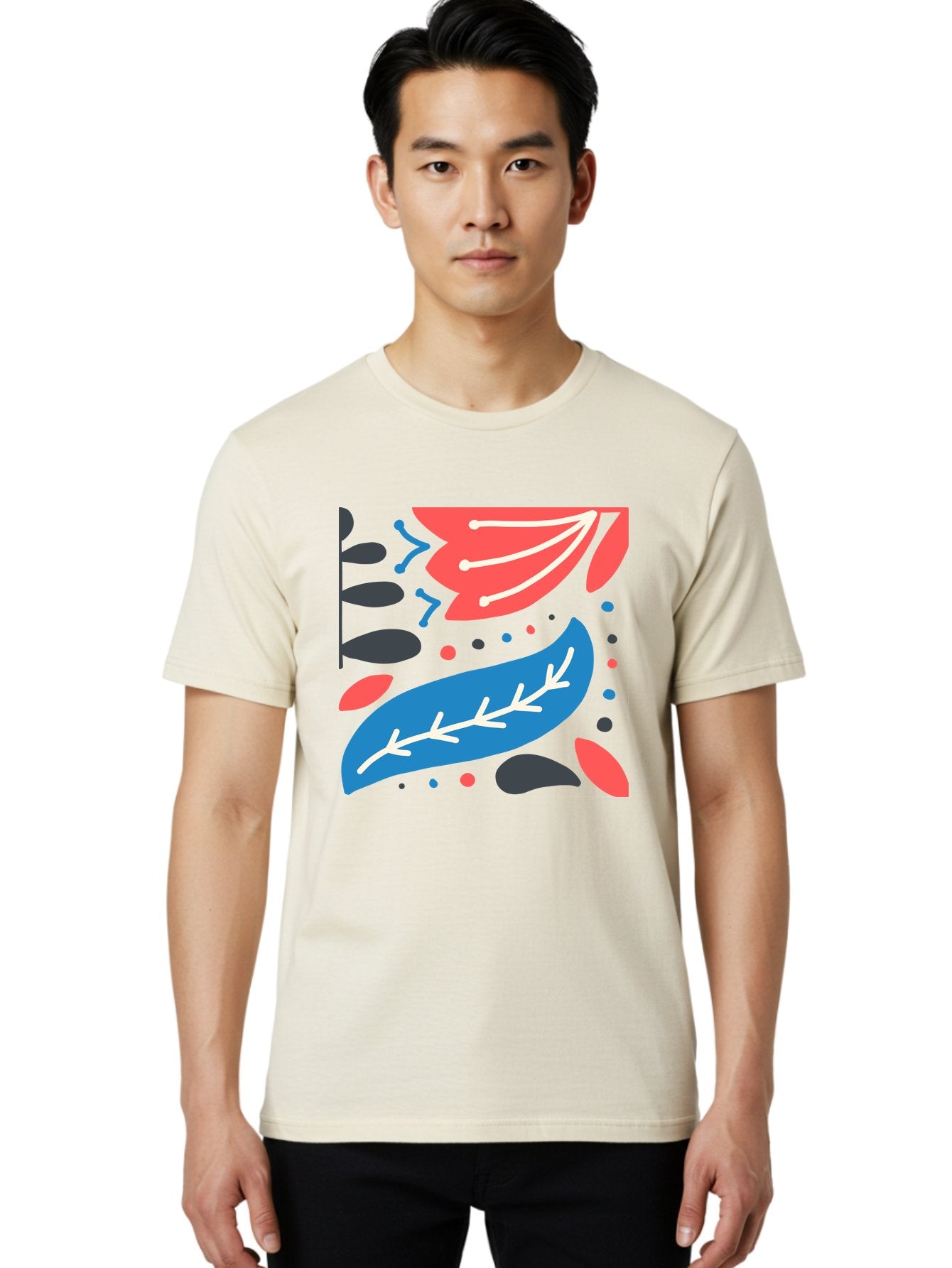 Leaf-Pattern Men'S Graphic Tee, 100% Cotton, Comfortable Casual Summer Wear, Machine Washable, Stylized Leaves, Abstract Design, Colorful Shapes, Playful Pattern, Blue And Red Leaves, White Veins, Scattered Dots, Creative Artwork, Aab763 27