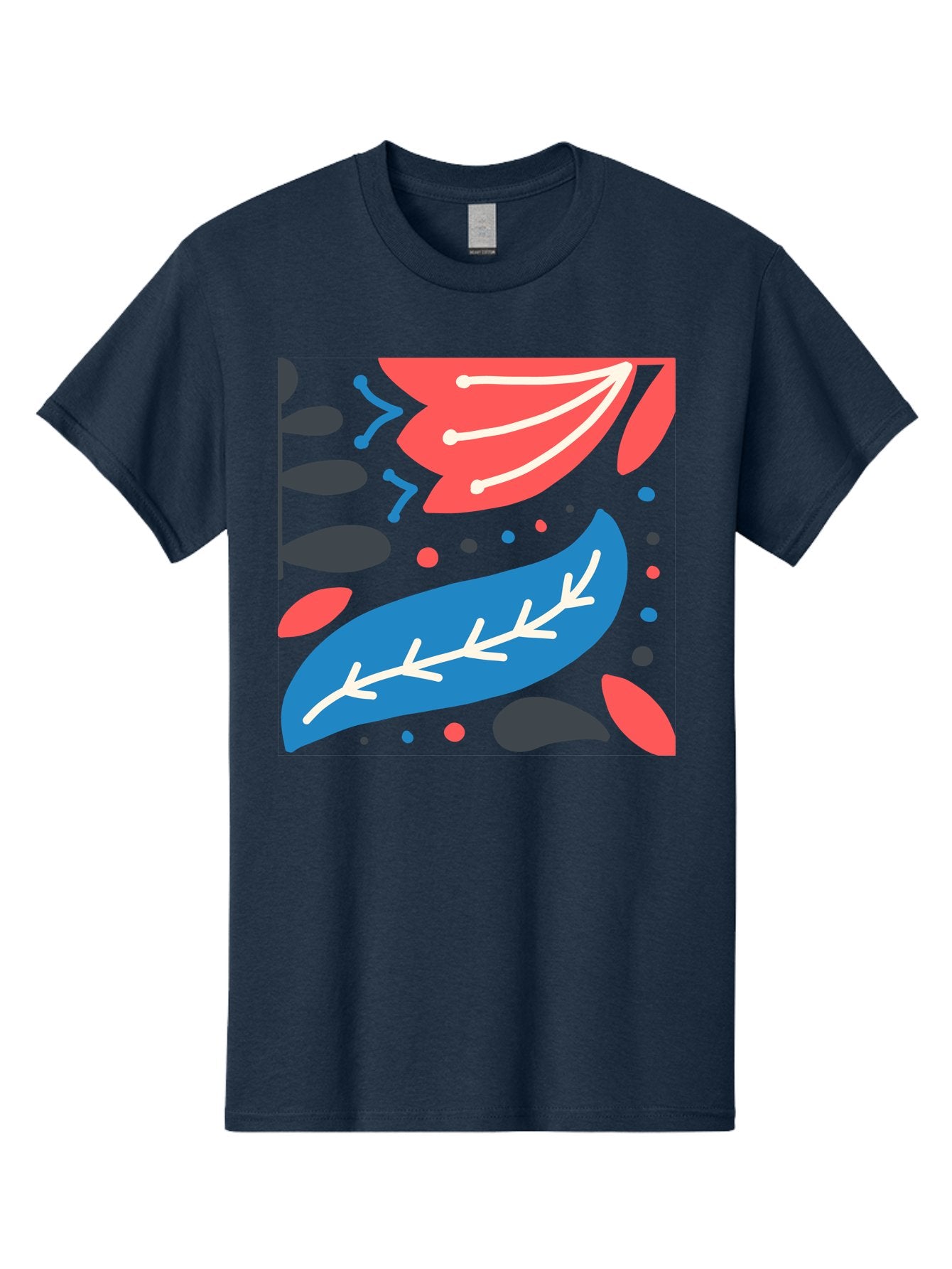 Leaf-Pattern Men'S Graphic Tee, 100% Cotton, Comfortable Casual Summer Wear, Machine Washable, Stylized Leaves, Abstract Design, Colorful Shapes, Playful Pattern, Blue And Red Leaves, White Veins, Scattered Dots, Creative Artwork, Aab763 10