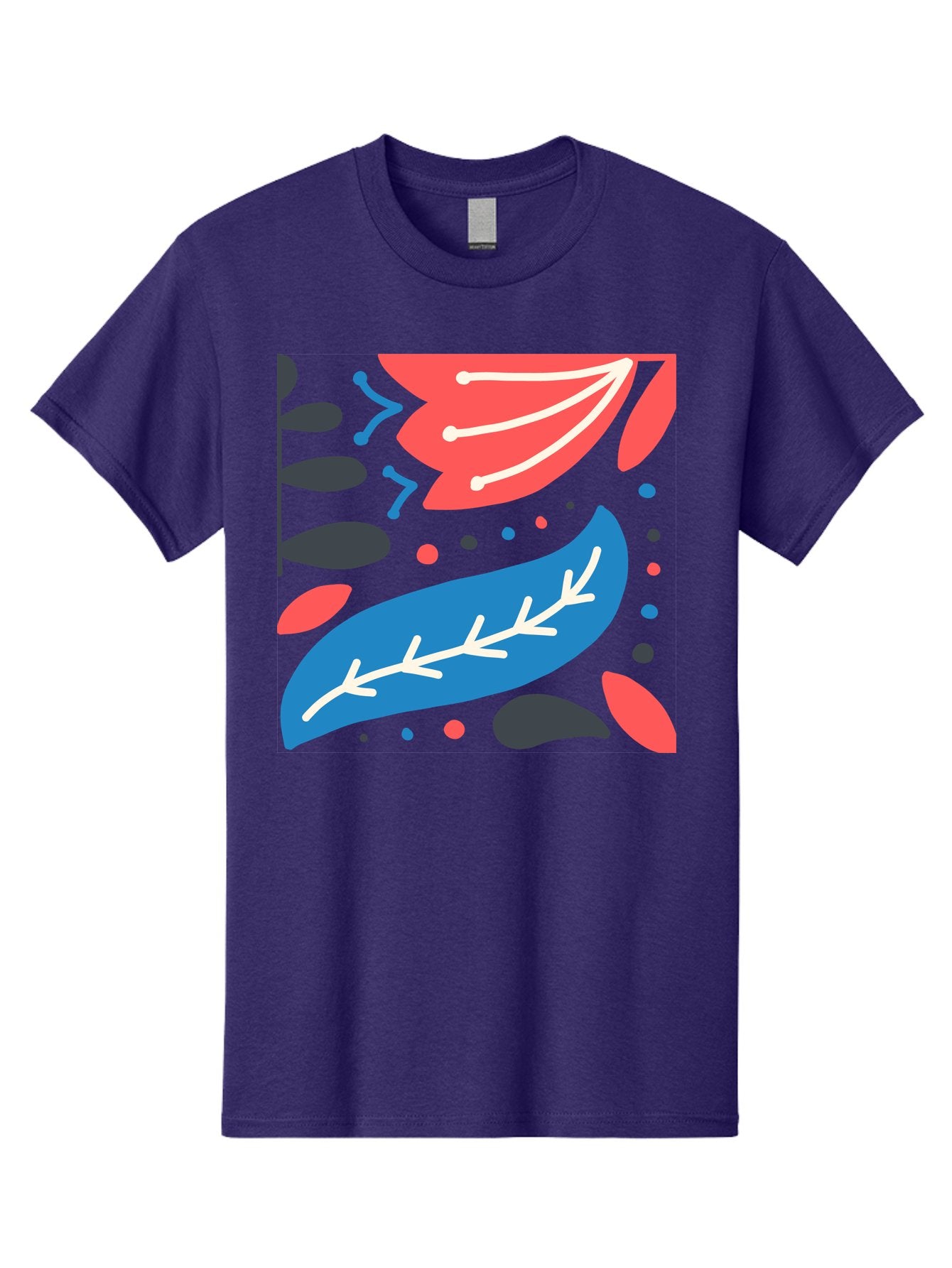 Leaf-Pattern Men'S Graphic Tee, 100% Cotton, Comfortable Casual Summer Wear, Machine Washable, Stylized Leaves, Abstract Design, Colorful Shapes, Playful Pattern, Blue And Red Leaves, White Veins, Scattered Dots, Creative Artwork, Aab763 15