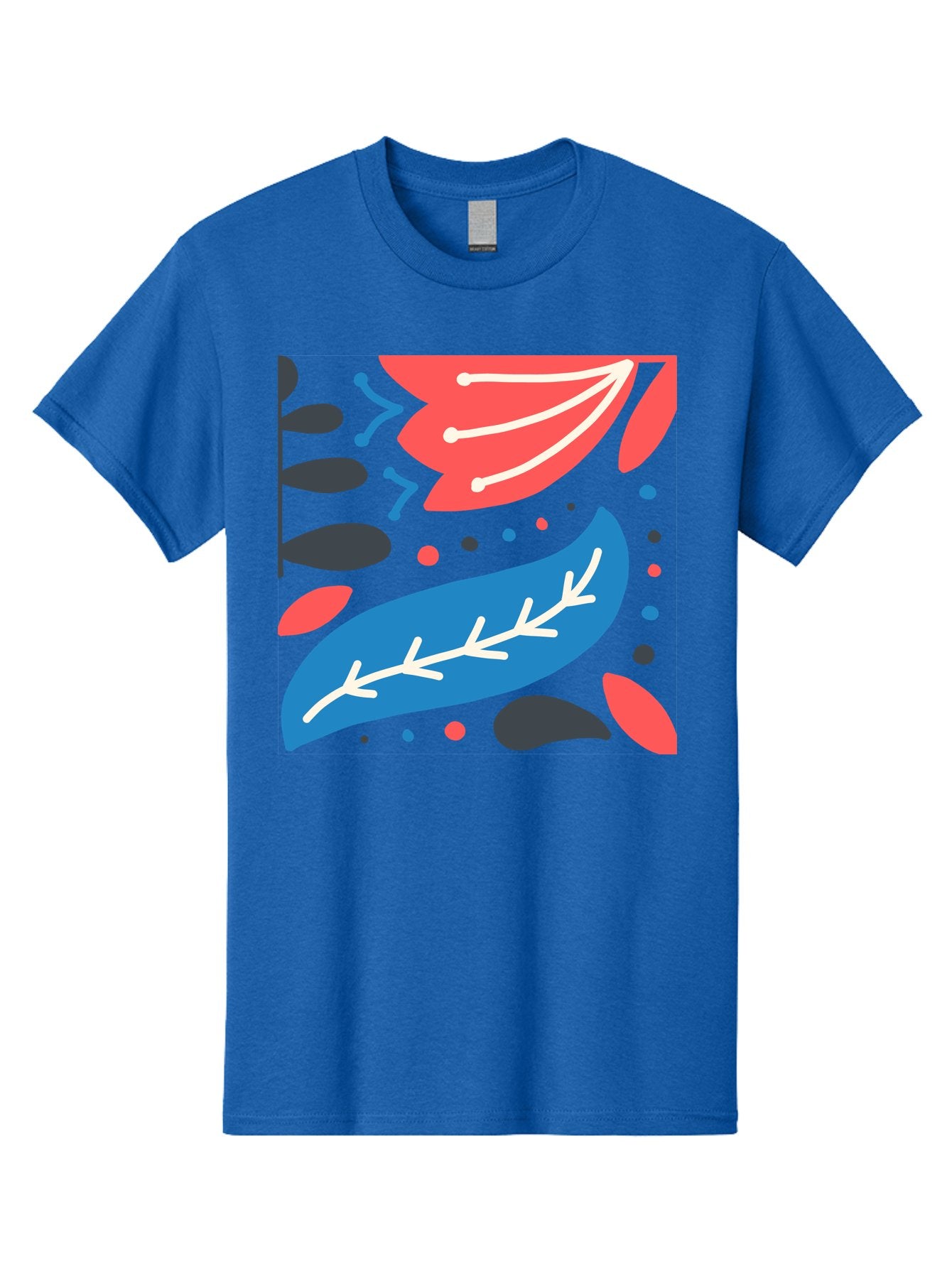 Leaf-Pattern Men'S Graphic Tee, 100% Cotton, Comfortable Casual Summer Wear, Machine Washable, Stylized Leaves, Abstract Design, Colorful Shapes, Playful Pattern, Blue And Red Leaves, White Veins, Scattered Dots, Creative Artwork, Aab763 13