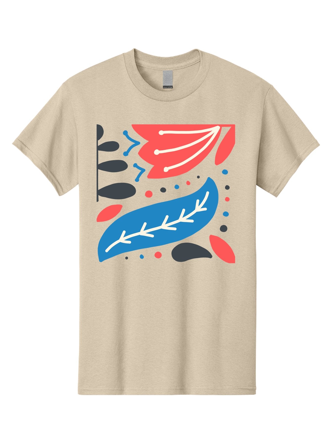 Leaf-Pattern Men'S Graphic Tee, 100% Cotton, Comfortable Casual Summer Wear, Machine Washable, Stylized Leaves, Abstract Design, Colorful Shapes, Playful Pattern, Blue And Red Leaves, White Veins, Scattered Dots, Creative Artwork, Aab763 12