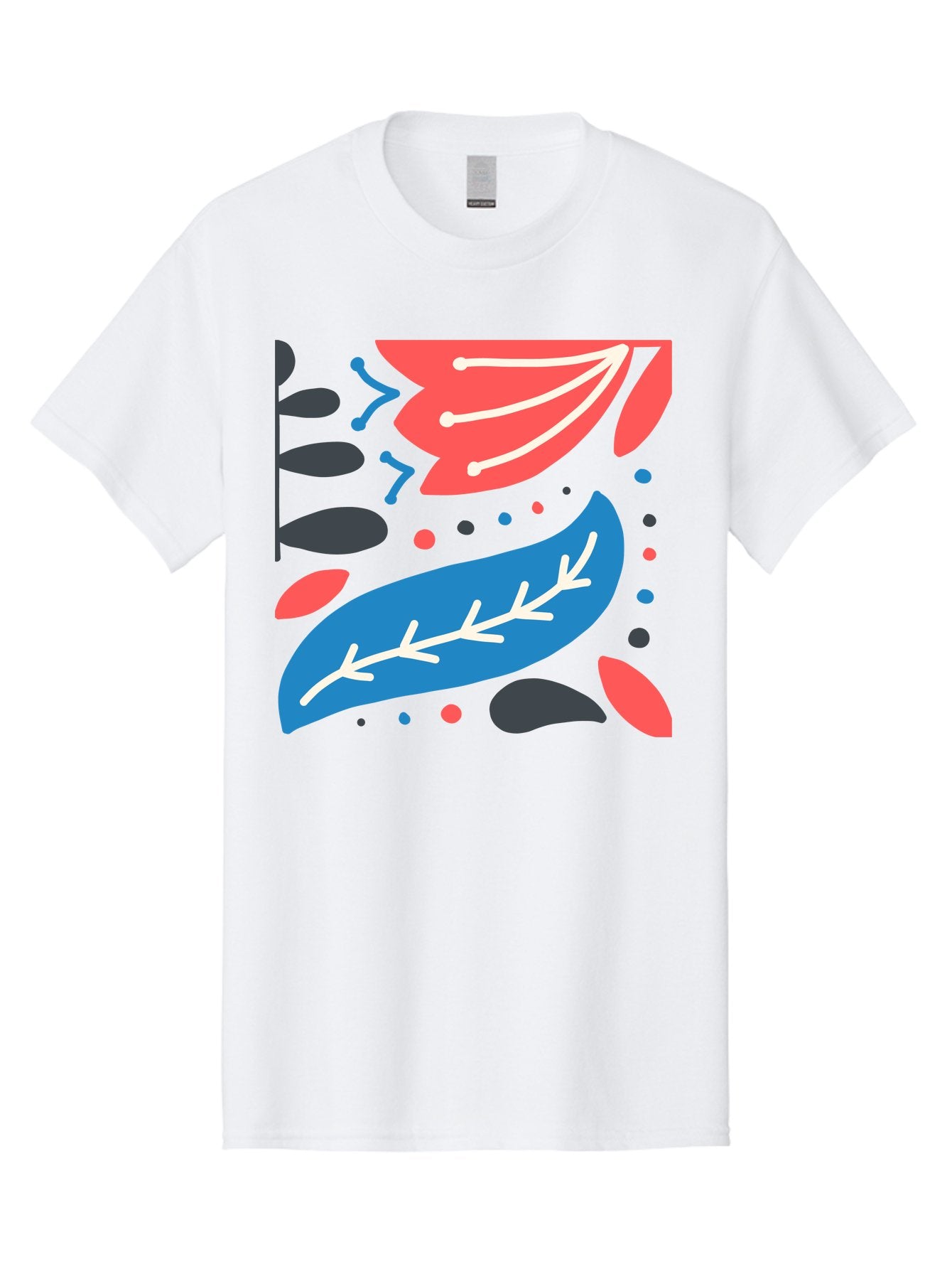 Leaf-Pattern Men'S Graphic Tee, 100% Cotton, Comfortable Casual Summer Wear, Machine Washable, Stylized Leaves, Abstract Design, Colorful Shapes, Playful Pattern, Blue And Red Leaves, White Veins, Scattered Dots, Creative Artwork, Aab763 6