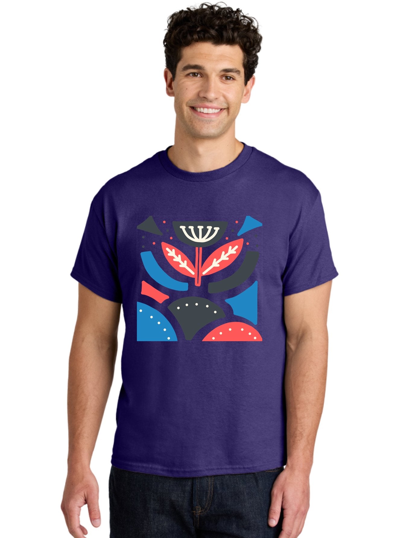 Menorah-Illustration Men'S Graphic Tee, 100% Cotton, Comfortable Casual Summer Wear, Machine Washable, Menorah Illustration, Abstract Floral Design, Hanukkah Symbol, Festive Atmosphere, Jewish Tradition, Holiday Celebration, Aab764 30