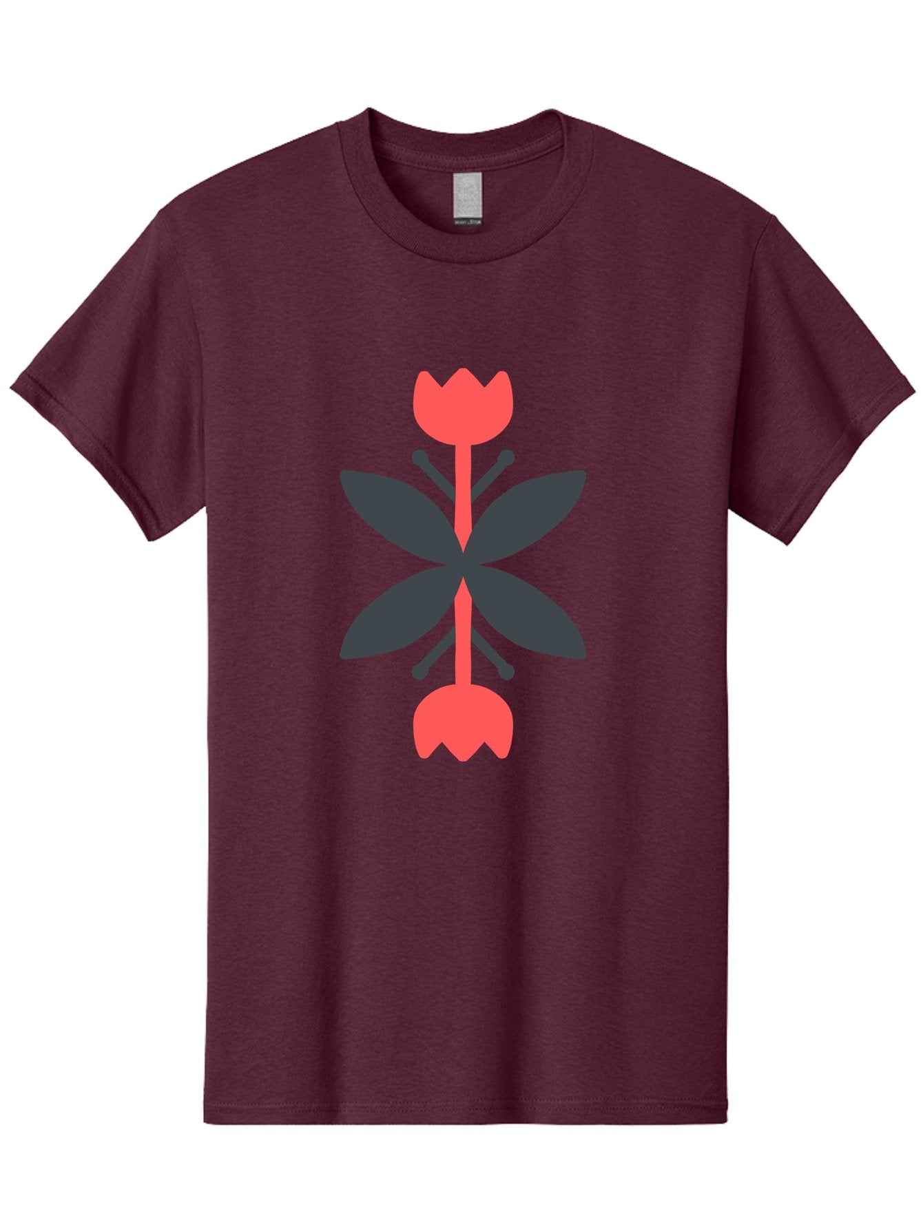 Pink-Tulip Men'S Graphic Tee, 100% Cotton, Comfortable Casual Summer Wear, Machine Washable, Stylized Butterfly, Red Flowers, Black Leaves, Floral Design, Abstract Art, Graphic Illustration, Minimalist Style, Symmetrical Composition Aab772