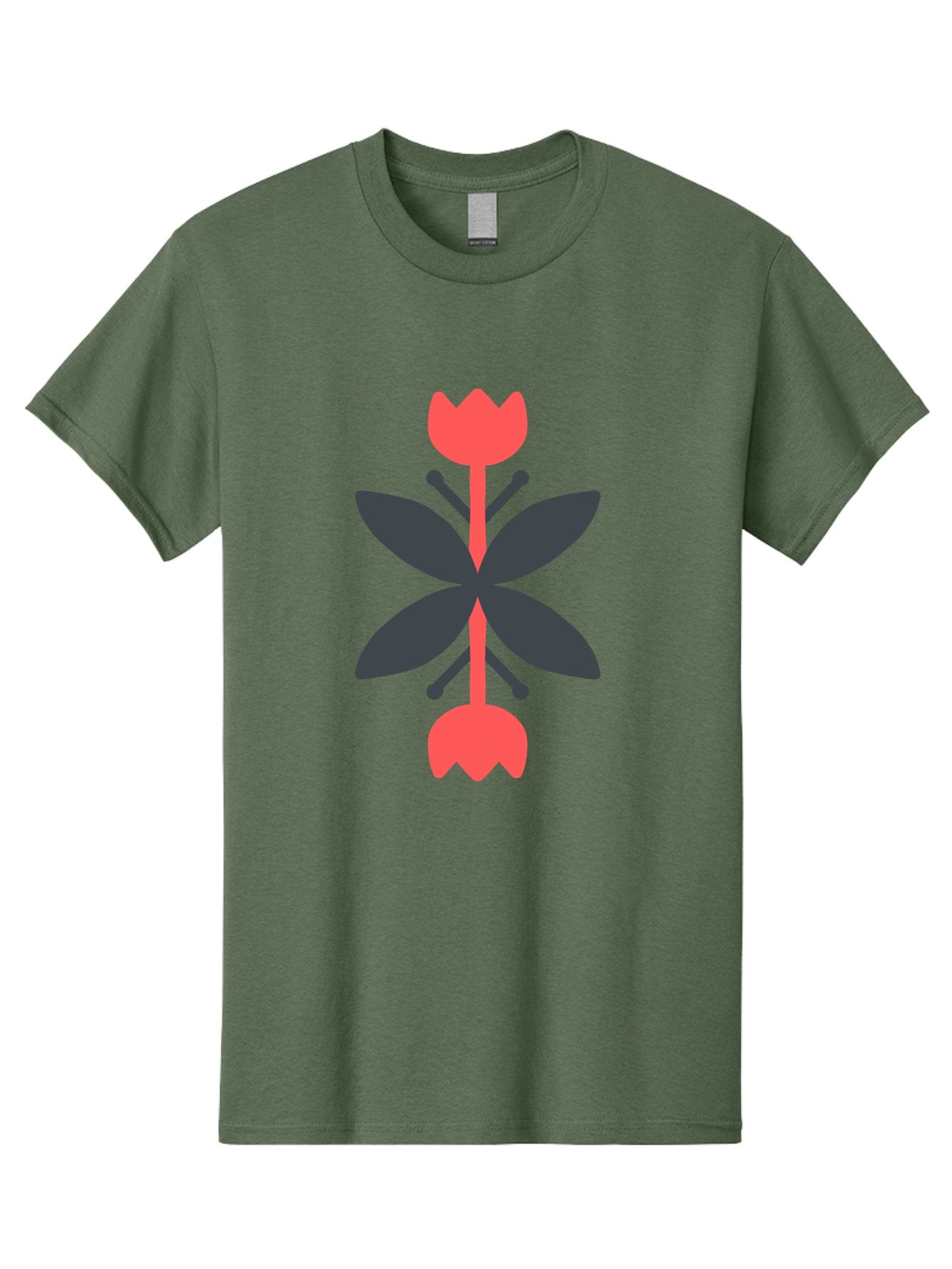 Pink-Tulip Men'S Graphic Tee, 100% Cotton, Comfortable Casual Summer Wear, Machine Washable, Stylized Butterfly, Red Flowers, Black Leaves, Floral Design, Abstract Art, Graphic Illustration, Minimalist Style, Symmetrical Composition Aab772