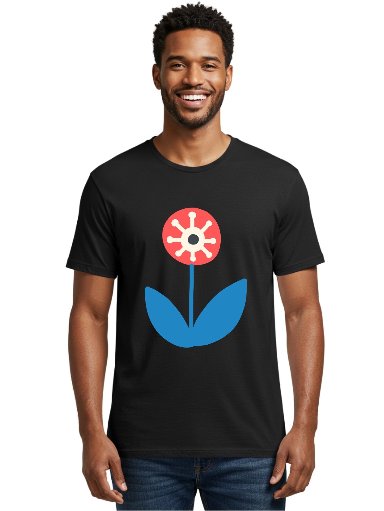 Piranha-Plant Men'S Graphic Tee, 100% Cotton, Comfortable Casual Summer Wear, Machine Washable, Cartoon Flower, Red Bloom, Blue Leaves, White And Black Center, Mushroom Inspired, Video Game Art, Super Mario, Simple Shapes, Bold Colors, Aab773 25