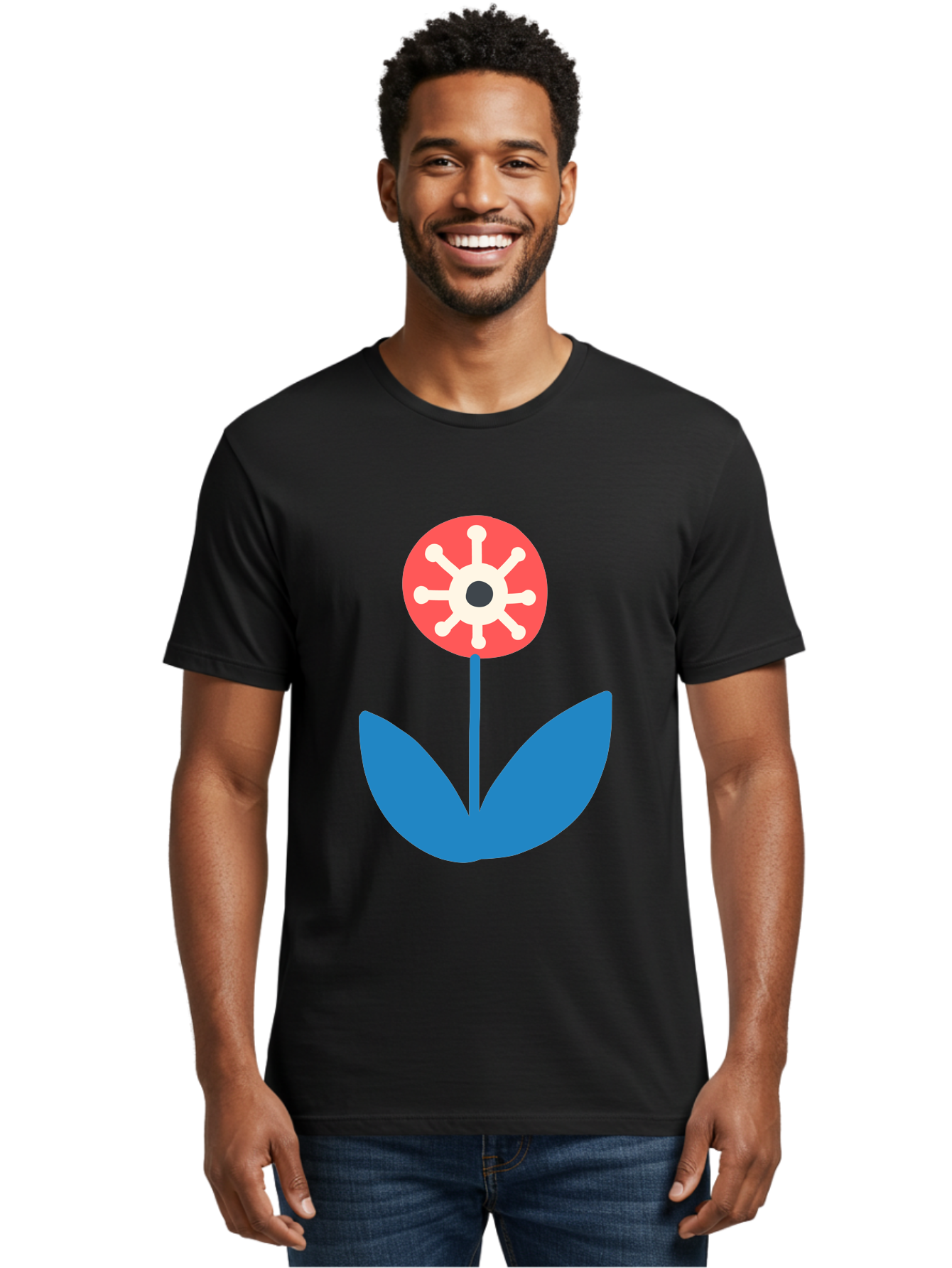 Piranha-Plant Men'S Graphic Tee, 100% Cotton, Comfortable Casual Summer Wear, Machine Washable, Cartoon Flower, Red Bloom, Blue Leaves, White And Black Center, Mushroom Inspired, Video Game Art, Super Mario, Simple Shapes, Bold Colors, Aab773 12