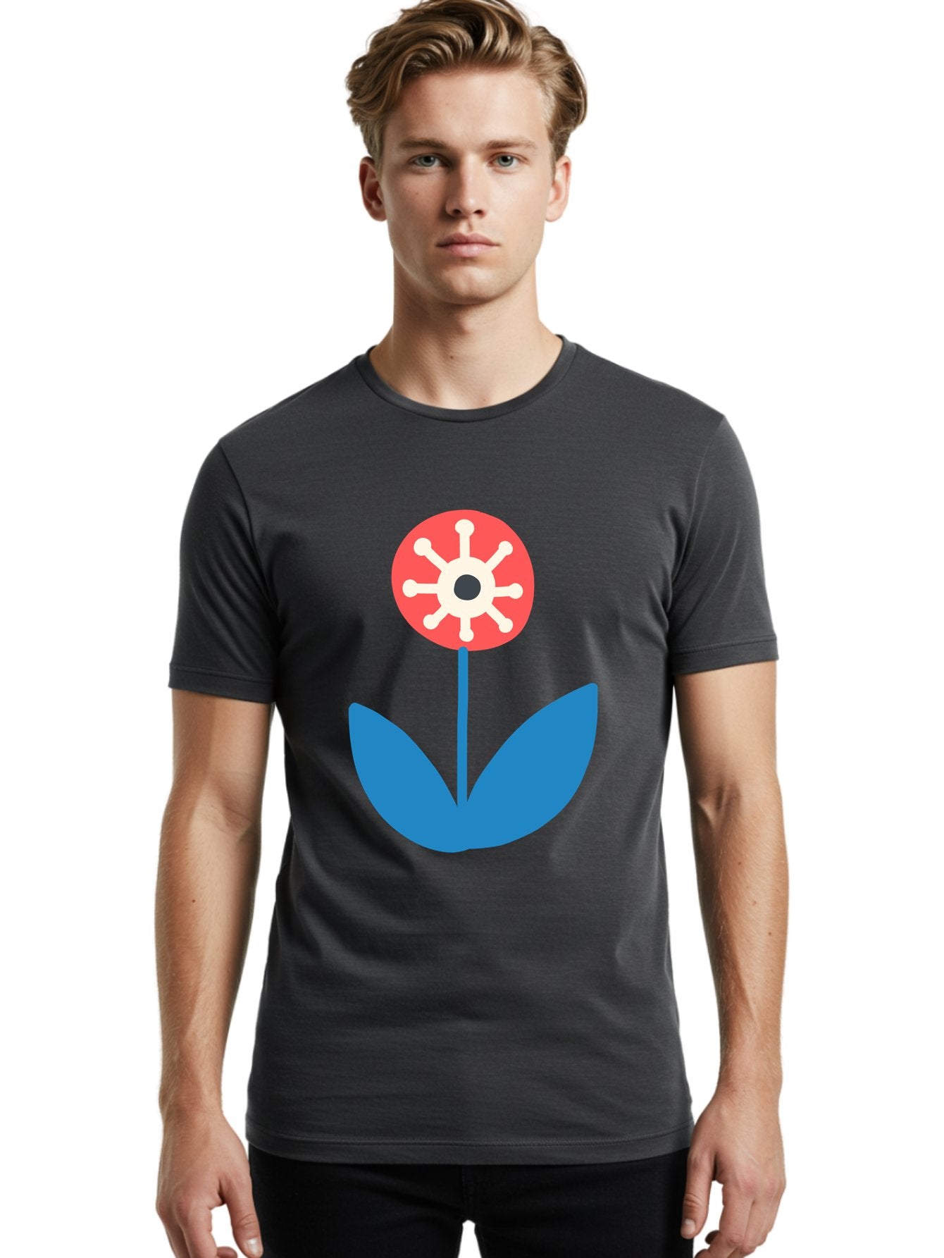 Piranha-Plant Men'S Graphic Tee, 100% Cotton, Comfortable Casual Summer Wear, Machine Washable, Cartoon Flower, Red Bloom, Blue Leaves, White And Black Center, Mushroom Inspired, Video Game Art, Super Mario, Simple Shapes, Bold Colors, Aab773 27