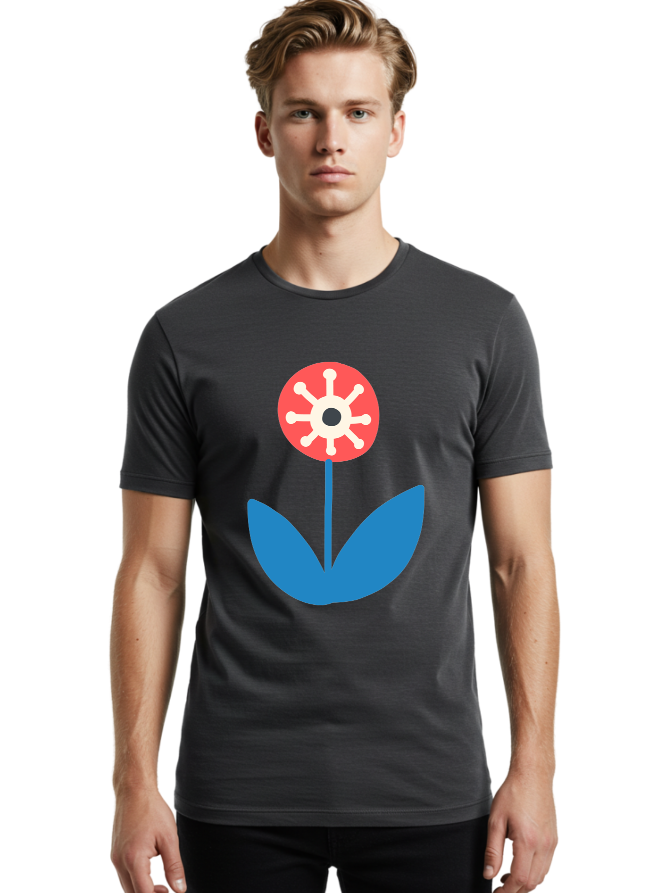 Piranha-Plant Men'S Graphic Tee, 100% Cotton, Comfortable Casual Summer Wear, Machine Washable, Cartoon Flower, Red Bloom, Blue Leaves, White And Black Center, Mushroom Inspired, Video Game Art, Super Mario, Simple Shapes, Bold Colors, Aab773 8