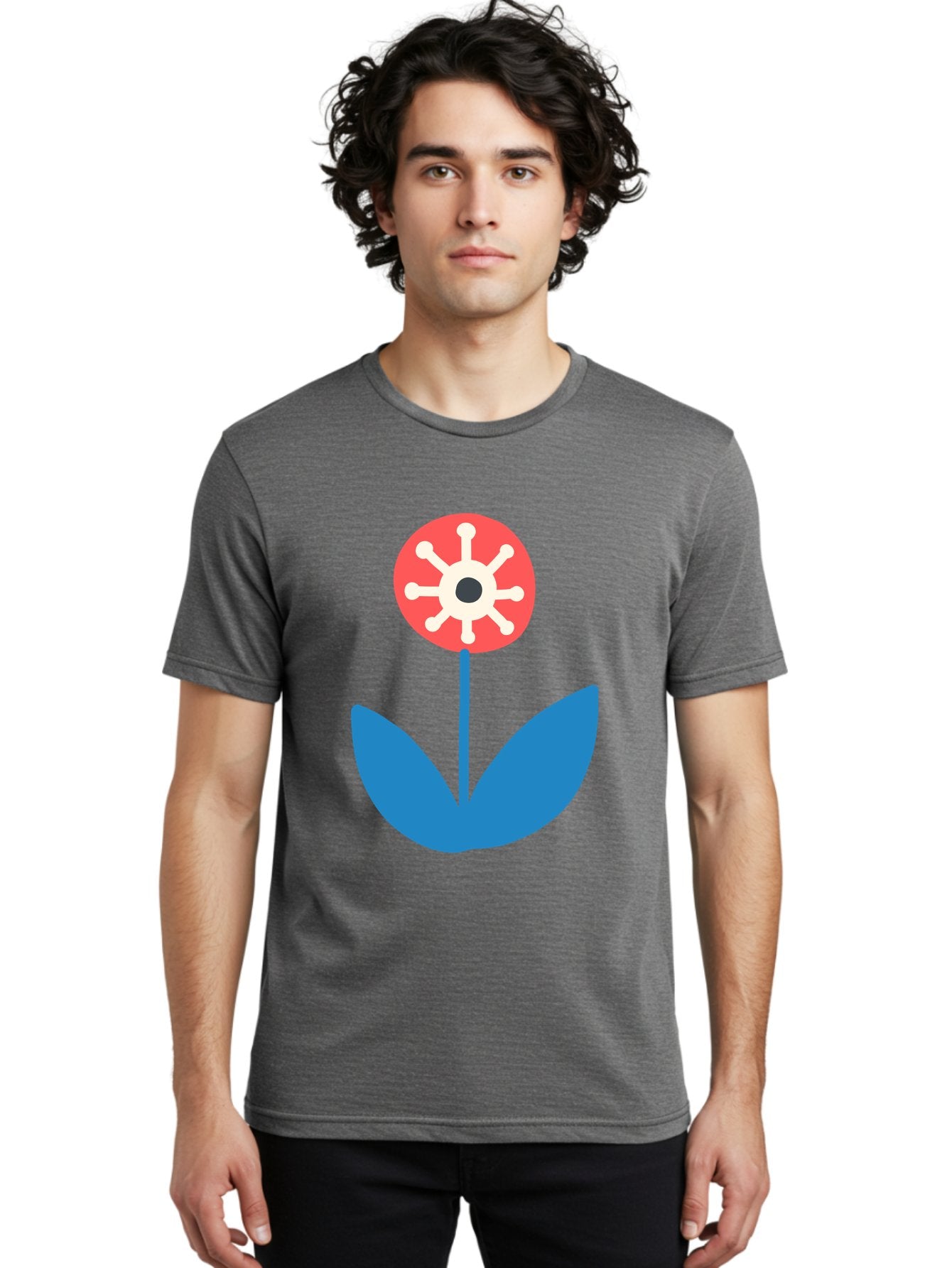 Piranha-Plant Men'S Graphic Tee, 100% Cotton, Comfortable Casual Summer Wear, Machine Washable, Cartoon Flower, Red Bloom, Blue Leaves, White And Black Center, Mushroom Inspired, Video Game Art, Super Mario, Simple Shapes, Bold Colors, Aab773 22