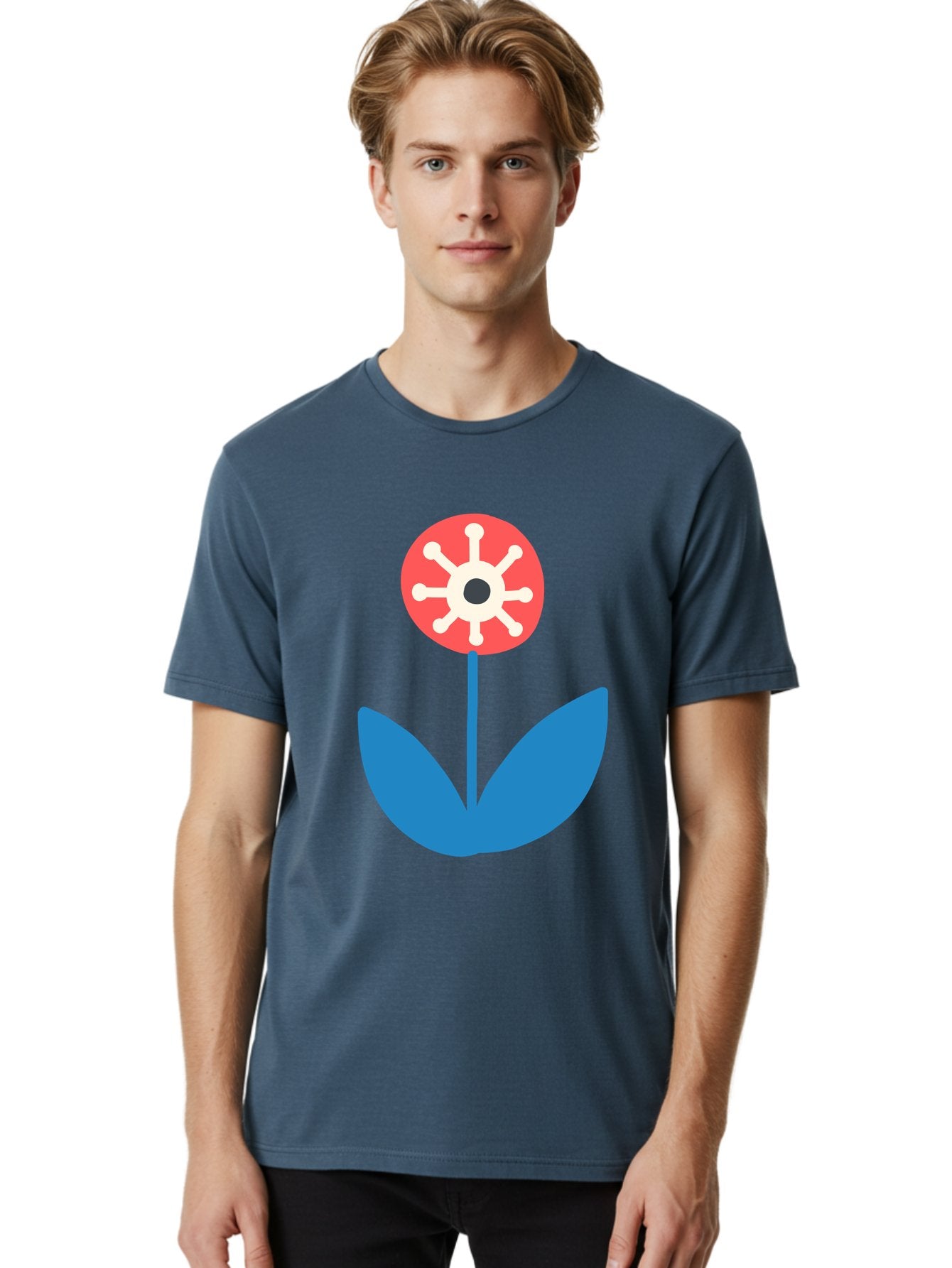 Piranha-Plant Men'S Graphic Tee, 100% Cotton, Comfortable Casual Summer Wear, Machine Washable, Cartoon Flower, Red Bloom, Blue Leaves, White And Black Center, Mushroom Inspired, Video Game Art, Super Mario, Simple Shapes, Bold Colors, Aab773 19