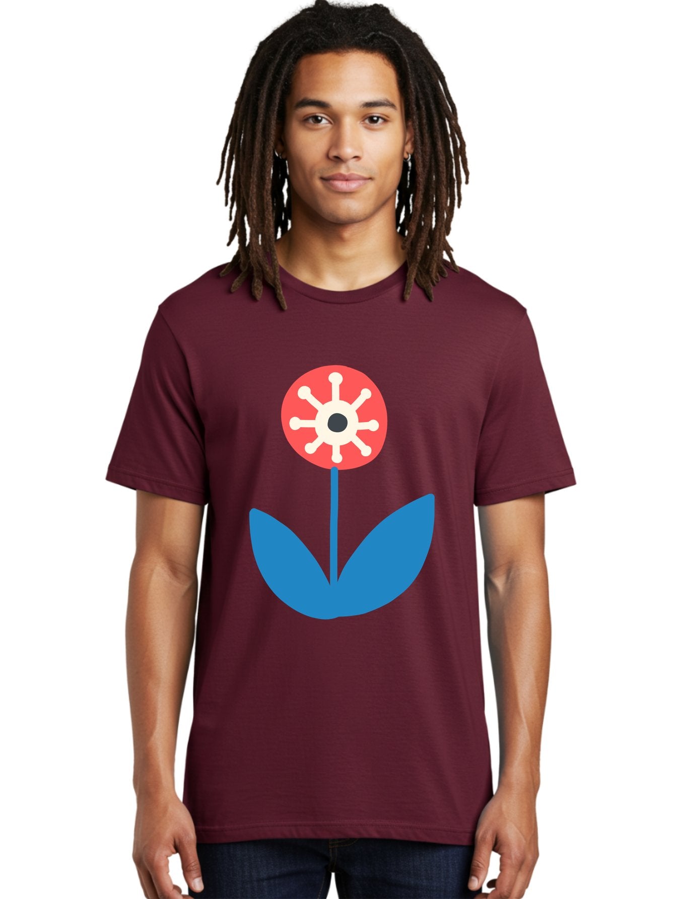 Piranha-Plant Men'S Graphic Tee, 100% Cotton, Comfortable Casual Summer Wear, Machine Washable, Cartoon Flower, Red Bloom, Blue Leaves, White And Black Center, Mushroom Inspired, Video Game Art, Super Mario, Simple Shapes, Bold Colors, Aab773 17