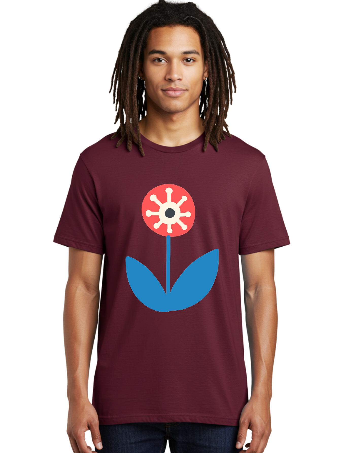 Piranha-Plant Men'S Graphic Tee, 100% Cotton, Comfortable Casual Summer Wear, Machine Washable, Cartoon Flower, Red Bloom, Blue Leaves, White And Black Center, Mushroom Inspired, Video Game Art, Super Mario, Simple Shapes, Bold Colors, Aab773 28