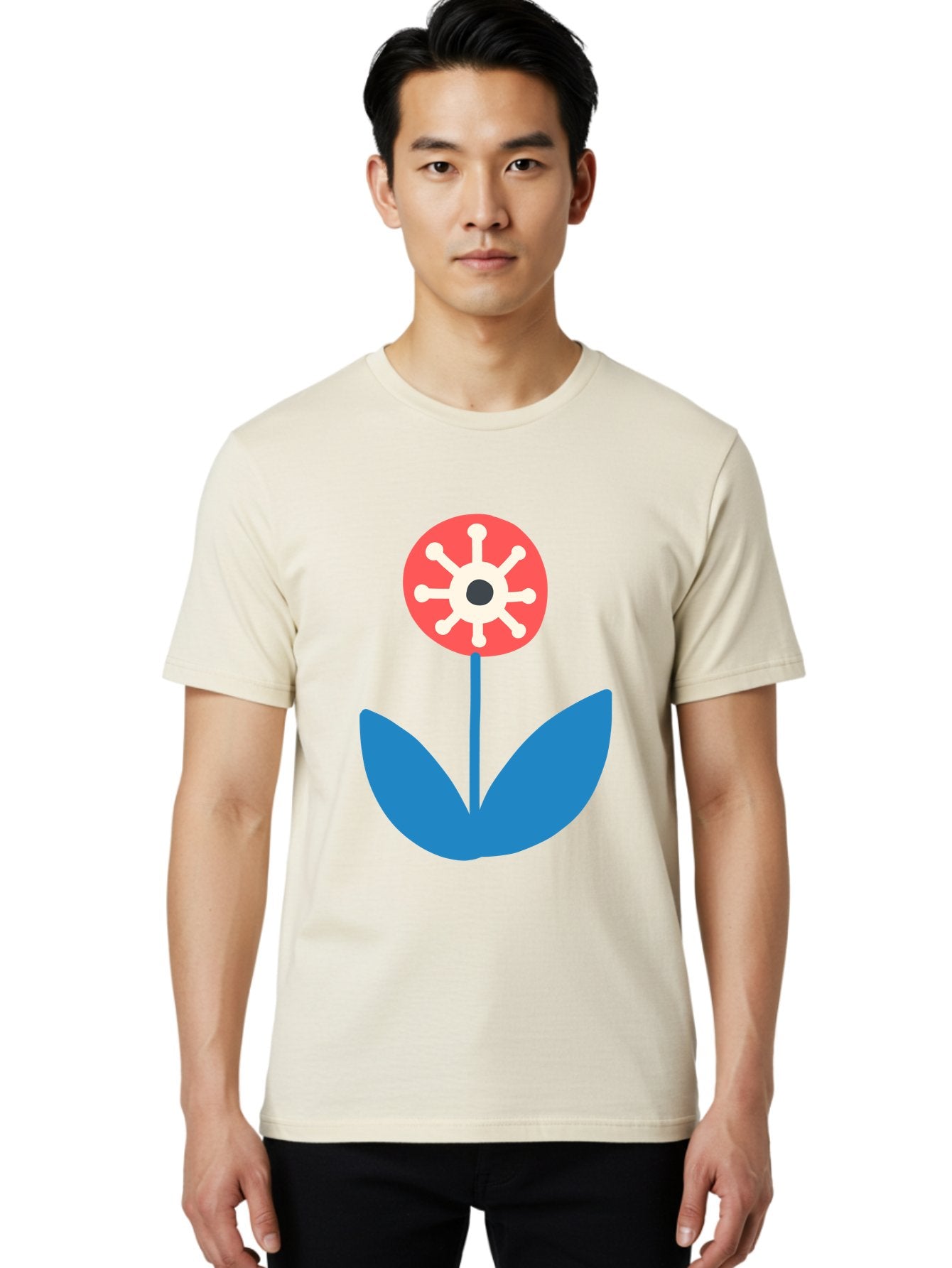 Piranha-Plant Men'S Graphic Tee, 100% Cotton, Comfortable Casual Summer Wear, Machine Washable, Cartoon Flower, Red Bloom, Blue Leaves, White And Black Center, Mushroom Inspired, Video Game Art, Super Mario, Simple Shapes, Bold Colors, Aab773 28