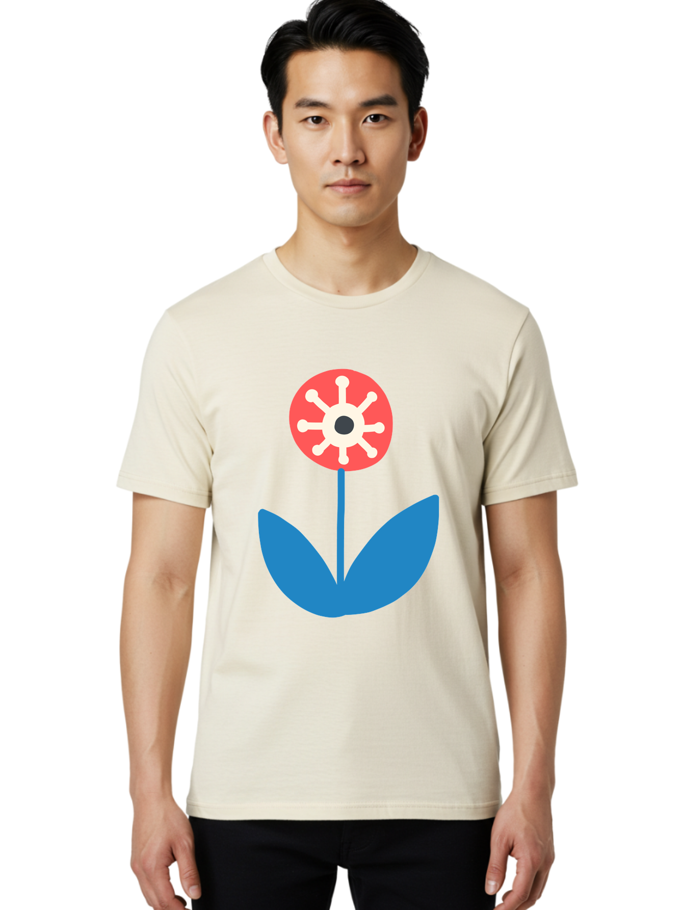 Piranha-Plant Men'S Graphic Tee, 100% Cotton, Comfortable Casual Summer Wear, Machine Washable, Cartoon Flower, Red Bloom, Blue Leaves, White And Black Center, Mushroom Inspired, Video Game Art, Super Mario, Simple Shapes, Bold Colors, Aab773 6