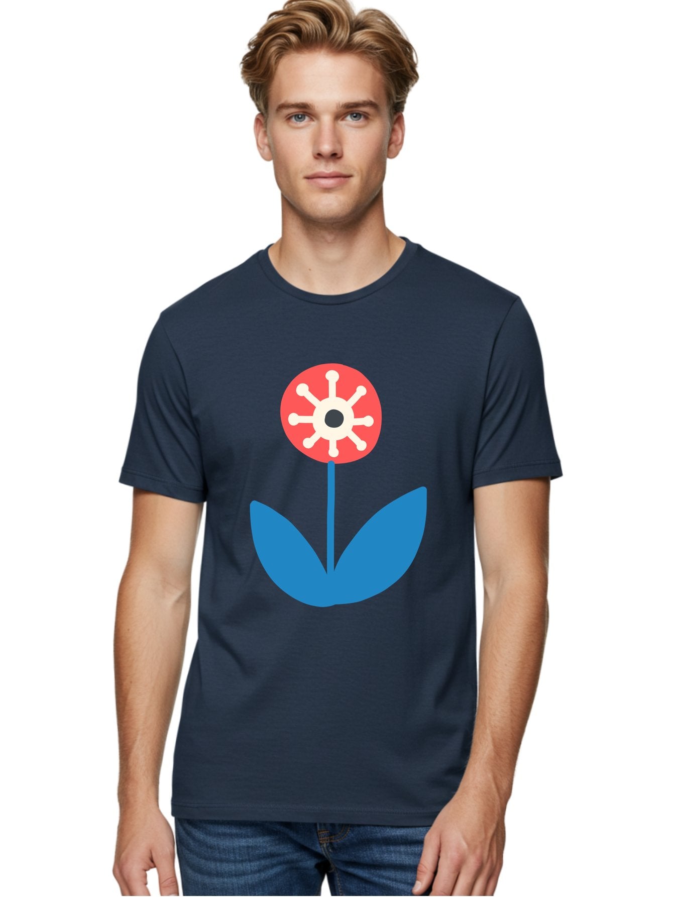 Piranha-Plant Men'S Graphic Tee, 100% Cotton, Comfortable Casual Summer Wear, Machine Washable, Cartoon Flower, Red Bloom, Blue Leaves, White And Black Center, Mushroom Inspired, Video Game Art, Super Mario, Simple Shapes, Bold Colors, Aab773 20
