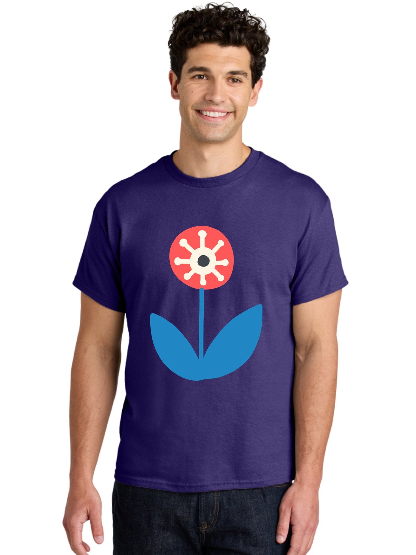 Piranha-Plant Men'S Graphic Tee, 100% Cotton, Comfortable Casual Summer Wear, Machine Washable, Cartoon Flower, Red Bloom, Blue Leaves, White And Black Center, Mushroom Inspired, Video Game Art, Super Mario, Simple Shapes, Bold Colors, Aab773 30