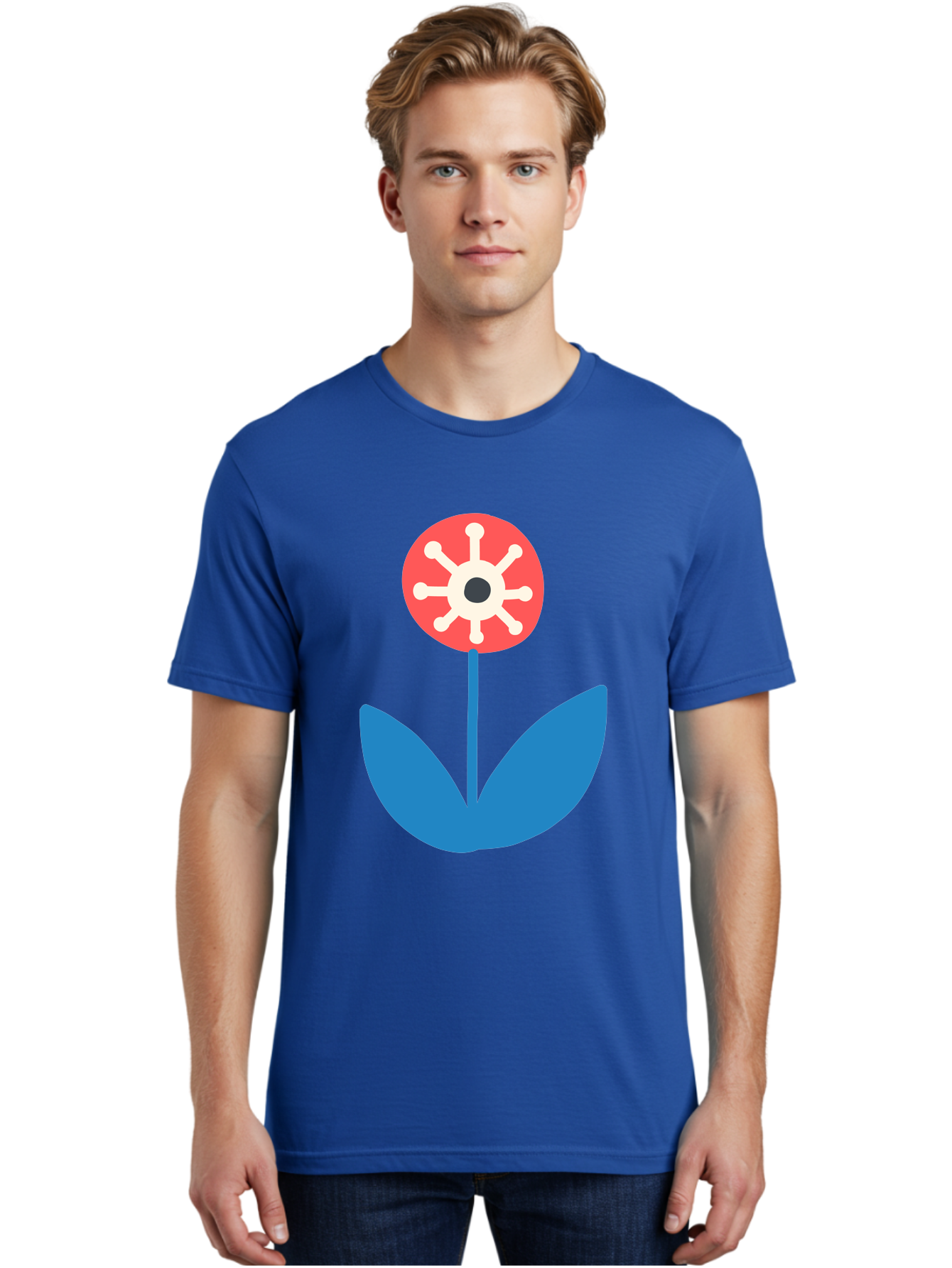 Piranha-Plant Men'S Graphic Tee, 100% Cotton, Comfortable Casual Summer Wear, Machine Washable, Cartoon Flower, Red Bloom, Blue Leaves, White And Black Center, Mushroom Inspired, Video Game Art, Super Mario, Simple Shapes, Bold Colors, Aab773 4