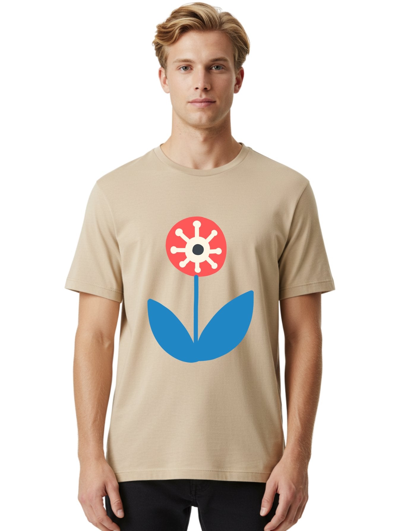 Piranha-Plant Men'S Graphic Tee, 100% Cotton, Comfortable Casual Summer Wear, Machine Washable, Cartoon Flower, Red Bloom, Blue Leaves, White And Black Center, Mushroom Inspired, Video Game Art, Super Mario, Simple Shapes, Bold Colors, Aab773 23