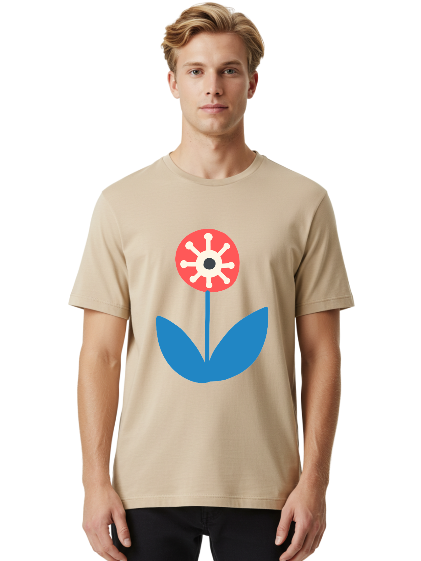 Piranha-Plant Men'S Graphic Tee, 100% Cotton, Comfortable Casual Summer Wear, Machine Washable, Cartoon Flower, Red Bloom, Blue Leaves, White And Black Center, Mushroom Inspired, Video Game Art, Super Mario, Simple Shapes, Bold Colors, Aab773 16
