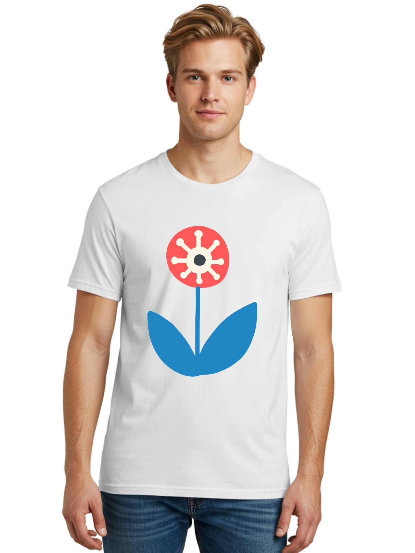Piranha-Plant Men'S Graphic Tee, 100% Cotton, Comfortable Casual Summer Wear, Machine Washable, Cartoon Flower, Red Bloom, Blue Leaves, White And Black Center, Mushroom Inspired, Video Game Art, Super Mario, Simple Shapes, Bold Colors, Aab773 26