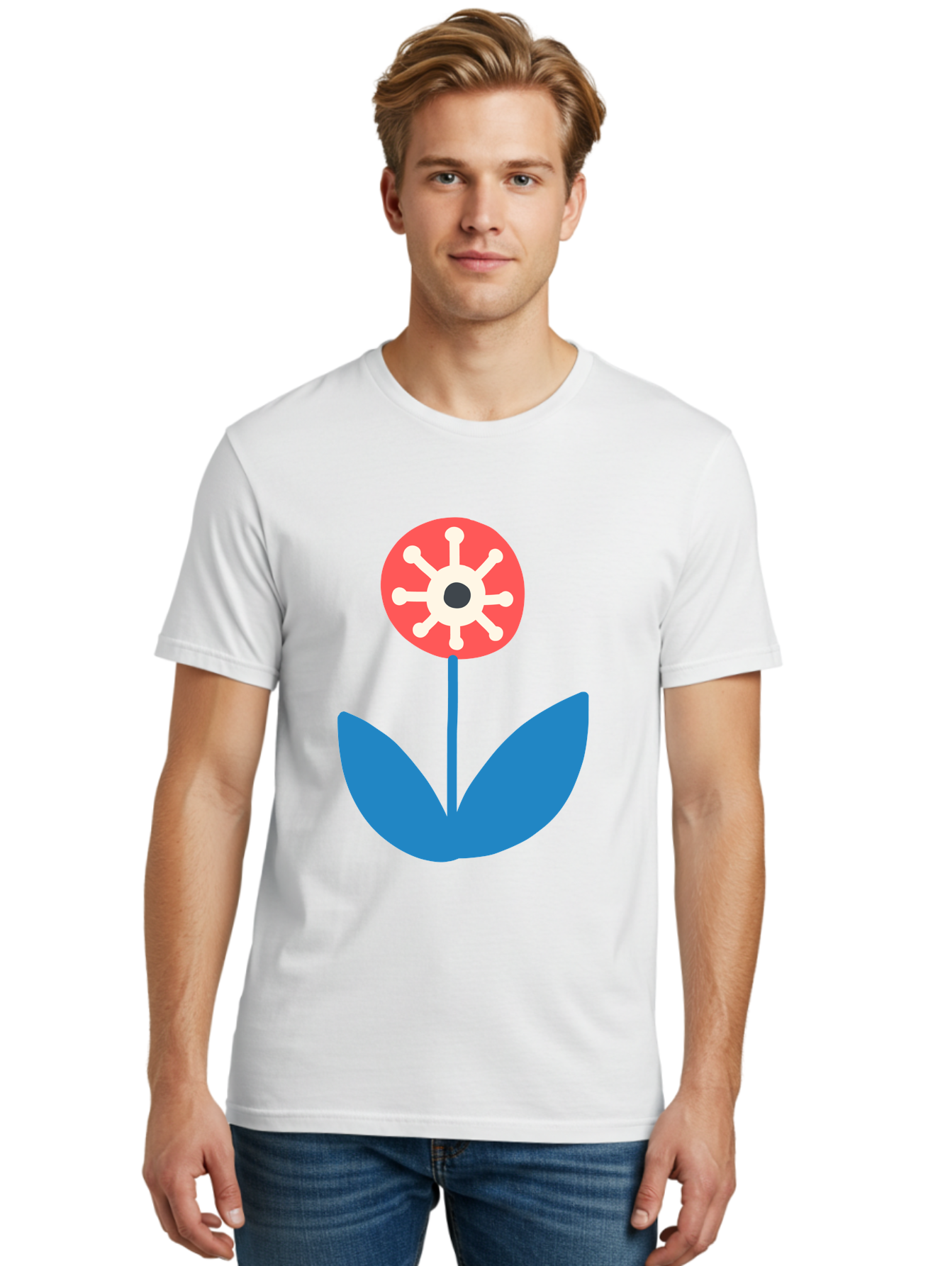 Piranha-Plant Men'S Graphic Tee, 100% Cotton, Comfortable Casual Summer Wear, Machine Washable, Cartoon Flower, Red Bloom, Blue Leaves, White And Black Center, Mushroom Inspired, Video Game Art, Super Mario, Simple Shapes, Bold Colors, Aab773 10