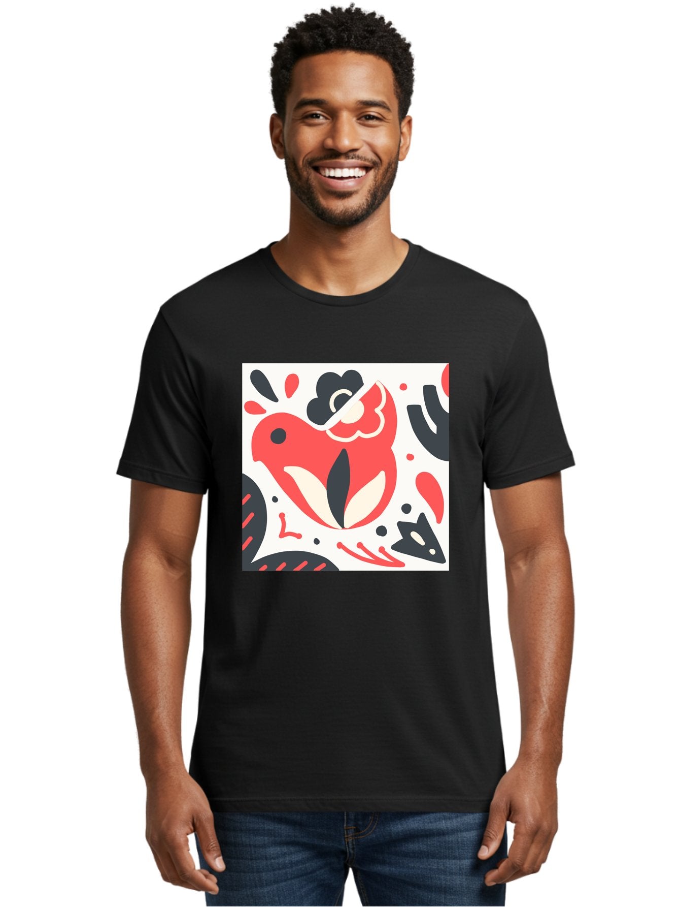Red-Bird Men'S Graphic Tee, 100% Cotton, Comfortable Casual Summer Wear, Machine Washable, Stylized Fish Illustration, Abstract Shapes, Red And Black Accents, Modern Design, Artistic Expression, Creative Graphics, Bold Colors, Whimsical Art Aab779 20