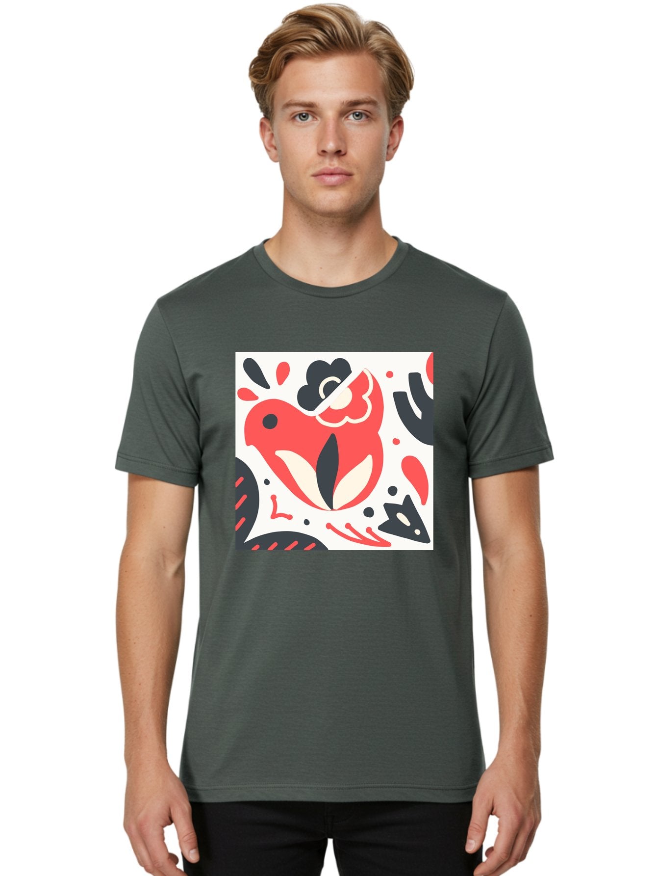 Red-Bird Men'S Graphic Tee, 100% Cotton, Comfortable Casual Summer Wear, Machine Washable, Stylized Fish Illustration, Abstract Shapes, Red And Black Accents, Modern Design, Artistic Expression, Creative Graphics, Bold Colors, Whimsical Art Aab779 22