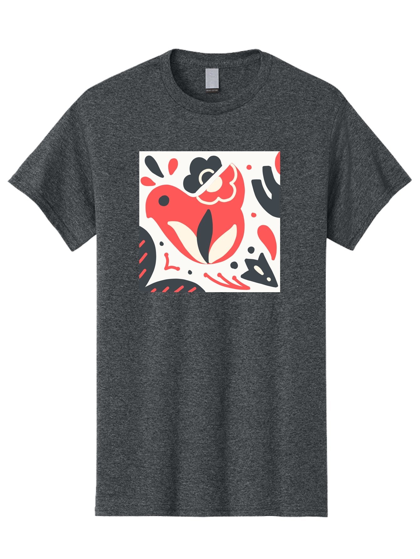 Red-Bird Men'S Graphic Tee, 100% Cotton, Comfortable Casual Summer Wear, Machine Washable, Stylized Fish Illustration, Abstract Shapes, Red And Black Accents, Modern Design, Artistic Expression, Creative Graphics, Bold Colors, Whimsical Art Aab779