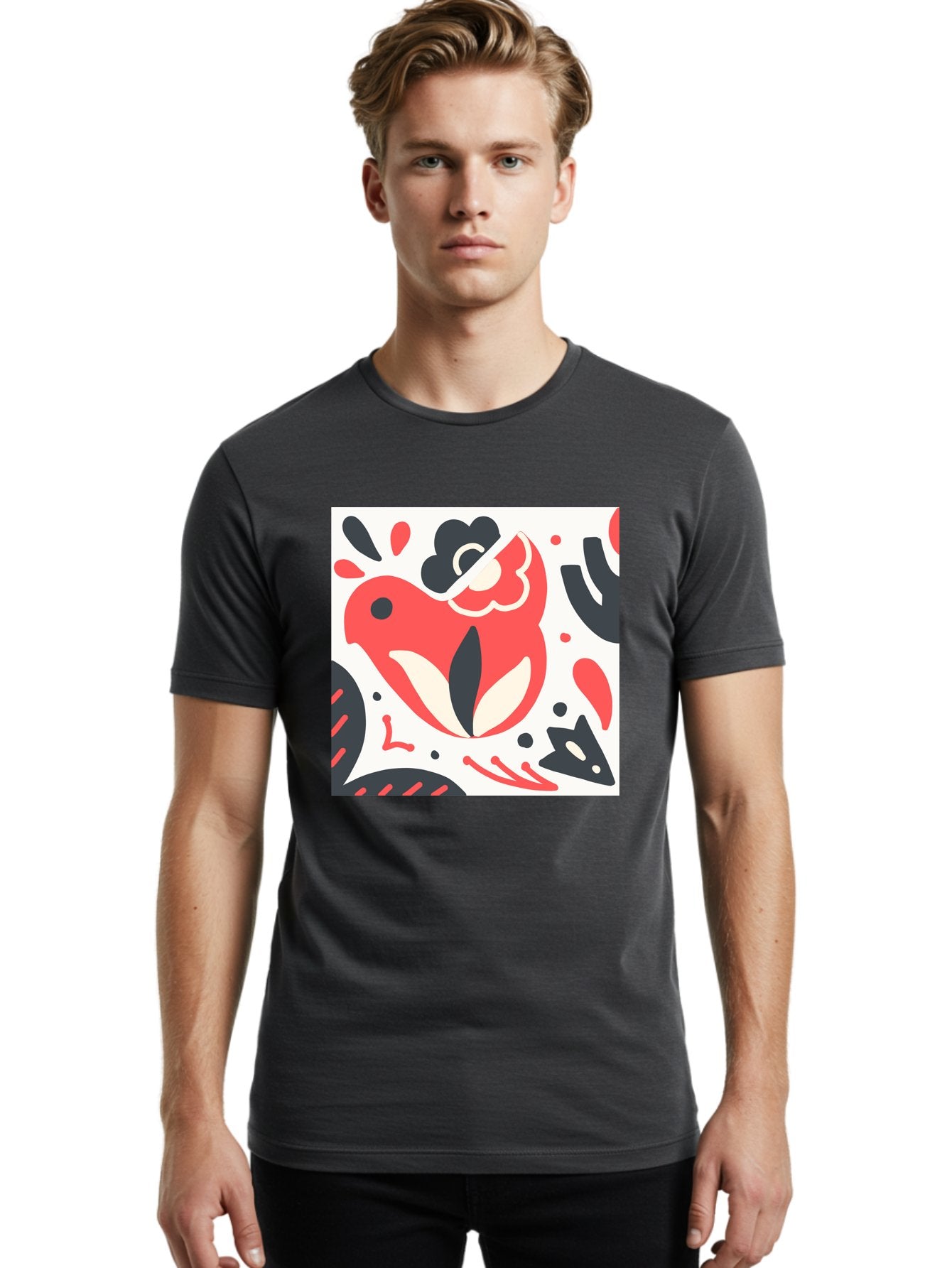 Red-Bird Men'S Graphic Tee, 100% Cotton, Comfortable Casual Summer Wear, Machine Washable, Stylized Fish Illustration, Abstract Shapes, Red And Black Accents, Modern Design, Artistic Expression, Creative Graphics, Bold Colors, Whimsical Art Aab779 21