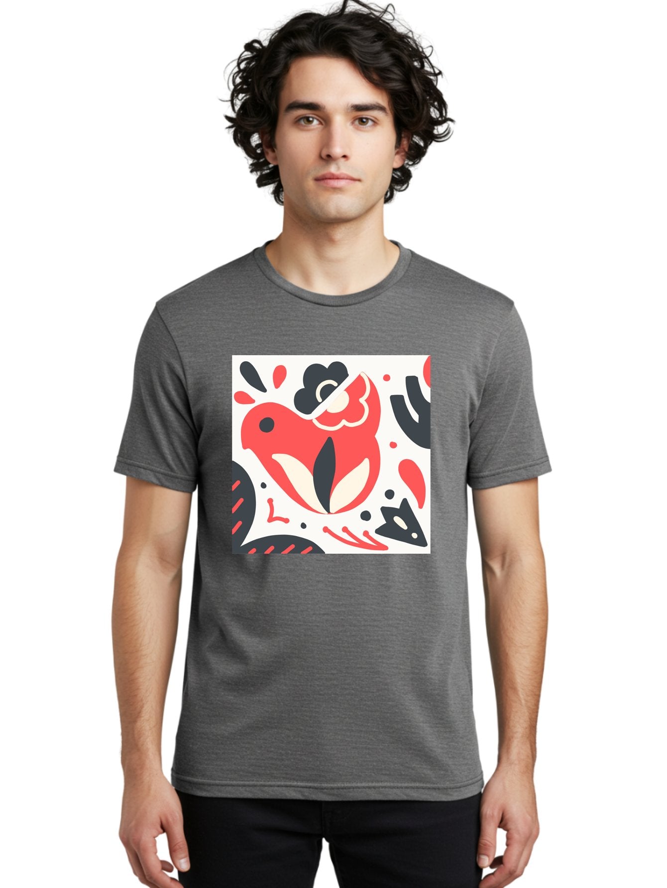 Red-Bird Men'S Graphic Tee, 100% Cotton, Comfortable Casual Summer Wear, Machine Washable, Stylized Fish Illustration, Abstract Shapes, Red And Black Accents, Modern Design, Artistic Expression, Creative Graphics, Bold Colors, Whimsical Art Aab779 17