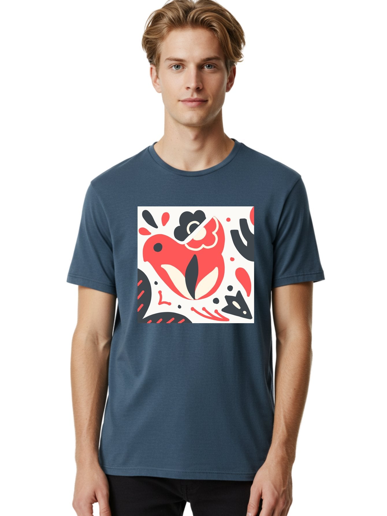 Red-Bird Men'S Graphic Tee, 100% Cotton, Comfortable Casual Summer Wear, Machine Washable, Stylized Fish Illustration, Abstract Shapes, Red And Black Accents, Modern Design, Artistic Expression, Creative Graphics, Bold Colors, Whimsical Art Aab779 24