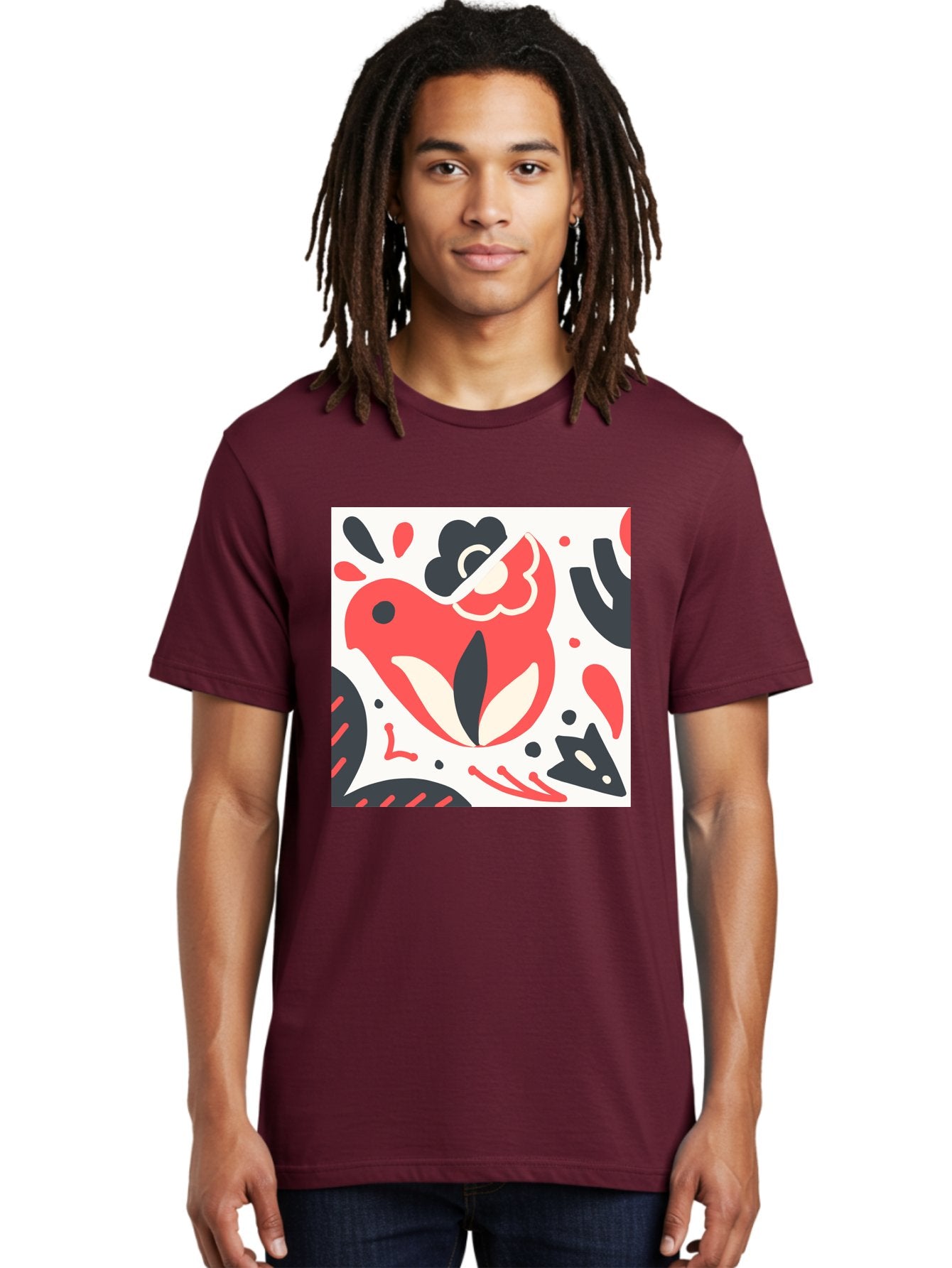 Red-Bird Men'S Graphic Tee, 100% Cotton, Comfortable Casual Summer Wear, Machine Washable, Stylized Fish Illustration, Abstract Shapes, Red And Black Accents, Modern Design, Artistic Expression, Creative Graphics, Bold Colors, Whimsical Art Aab779 29