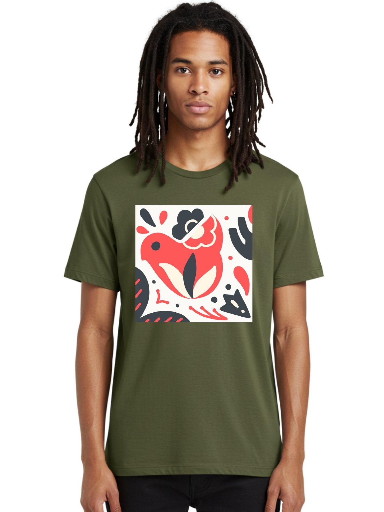 Red-Bird Men'S Graphic Tee, 100% Cotton, Comfortable Casual Summer Wear, Machine Washable, Stylized Fish Illustration, Abstract Shapes, Red And Black Accents, Modern Design, Artistic Expression, Creative Graphics, Bold Colors, Whimsical Art Aab779 26