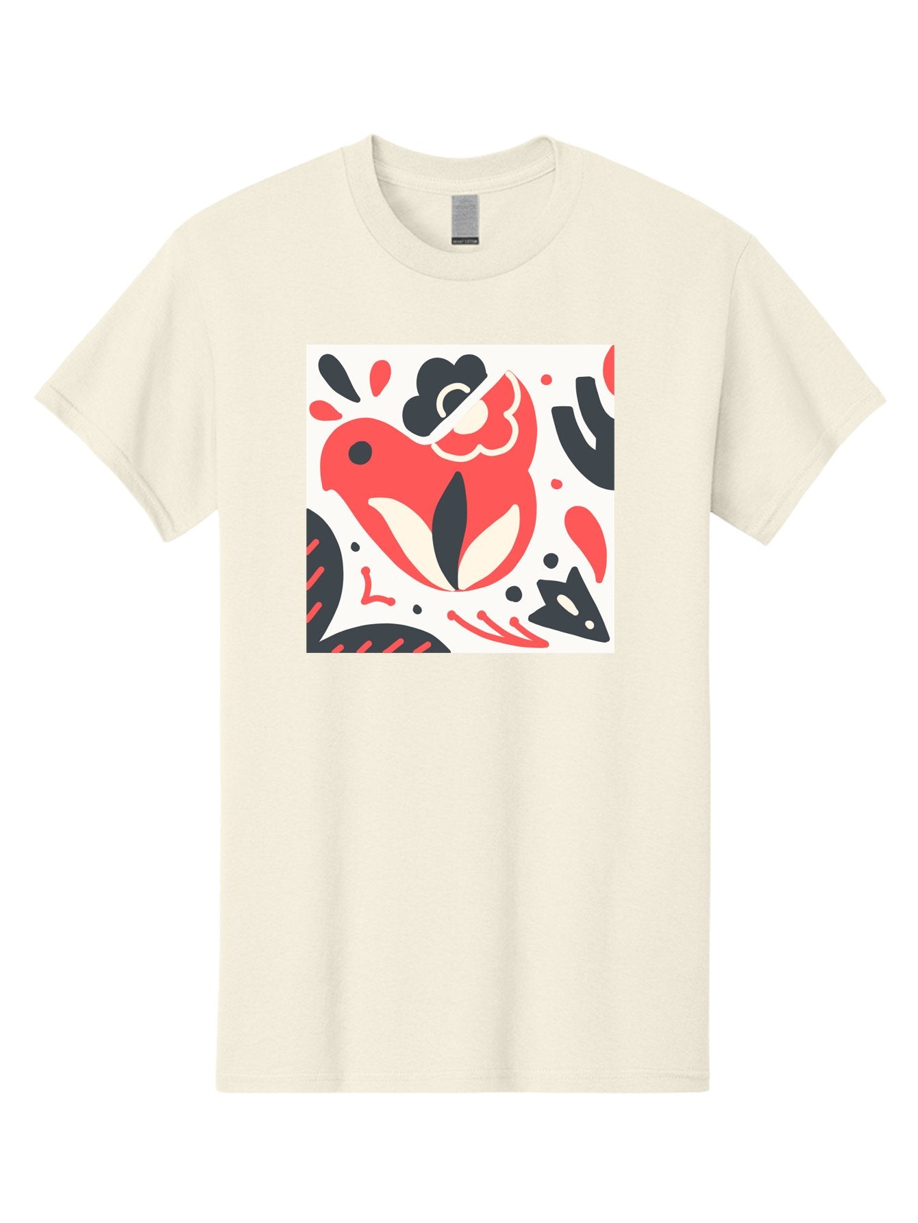 Red-Bird Men'S Graphic Tee, 100% Cotton, Comfortable Casual Summer Wear, Machine Washable, Stylized Fish Illustration, Abstract Shapes, Red And Black Accents, Modern Design, Artistic Expression, Creative Graphics, Bold Colors, Whimsical Art Aab779