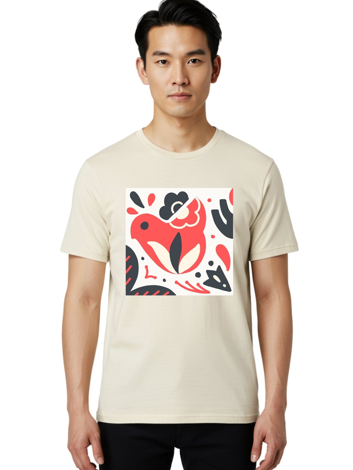 Red-Bird Men'S Graphic Tee, 100% Cotton, Comfortable Casual Summer Wear, Machine Washable, Stylized Fish Illustration, Abstract Shapes, Red And Black Accents, Modern Design, Artistic Expression, Creative Graphics, Bold Colors, Whimsical Art Aab779 19