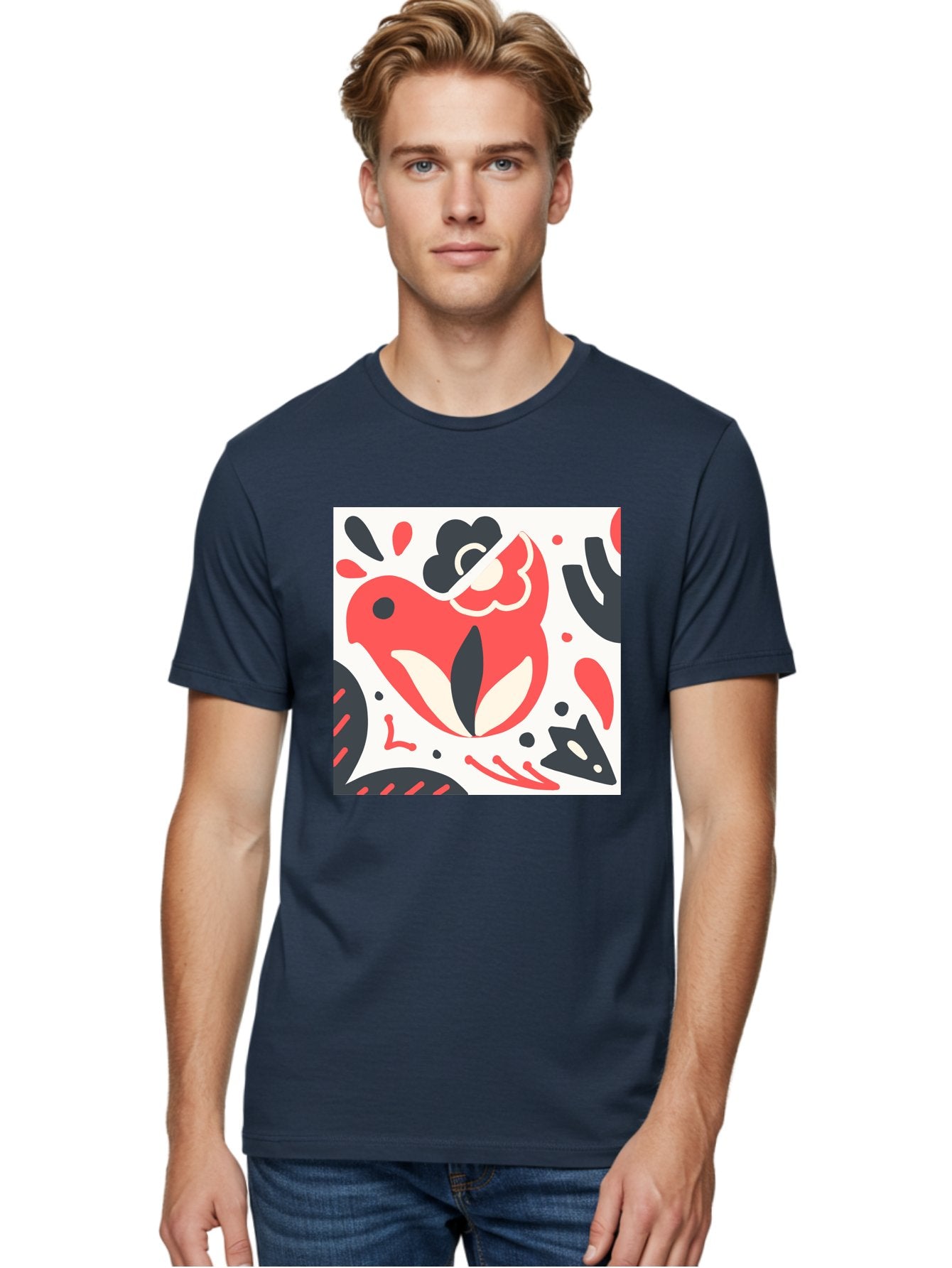 Red-Bird Men'S Graphic Tee, 100% Cotton, Comfortable Casual Summer Wear, Machine Washable, Stylized Fish Illustration, Abstract Shapes, Red And Black Accents, Modern Design, Artistic Expression, Creative Graphics, Bold Colors, Whimsical Art Aab779 30