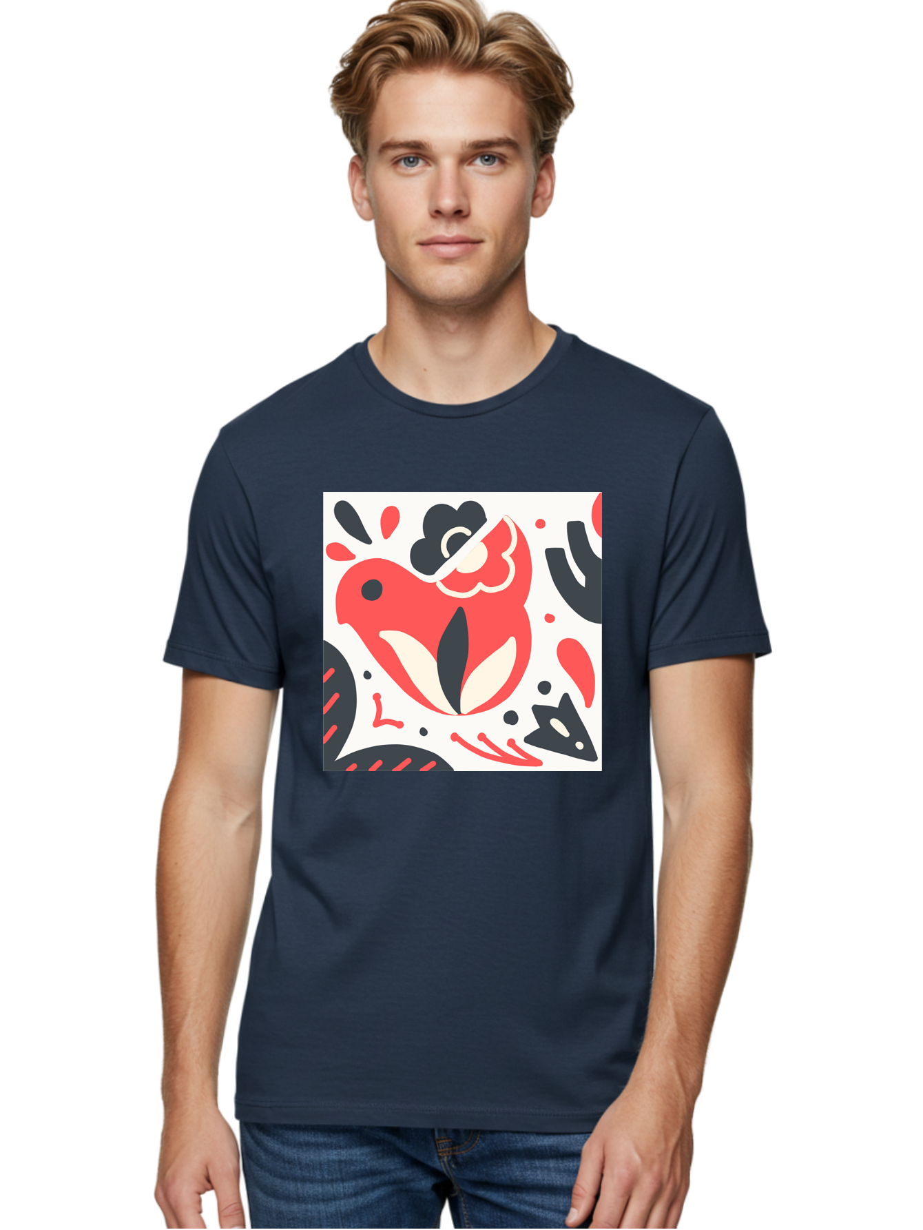 Red-Bird Men'S Graphic Tee, 100% Cotton, Comfortable Casual Summer Wear, Machine Washable, Stylized Fish Illustration, Abstract Shapes, Red And Black Accents, Modern Design, Artistic Expression, Creative Graphics, Bold Colors, Whimsical Art Aab779