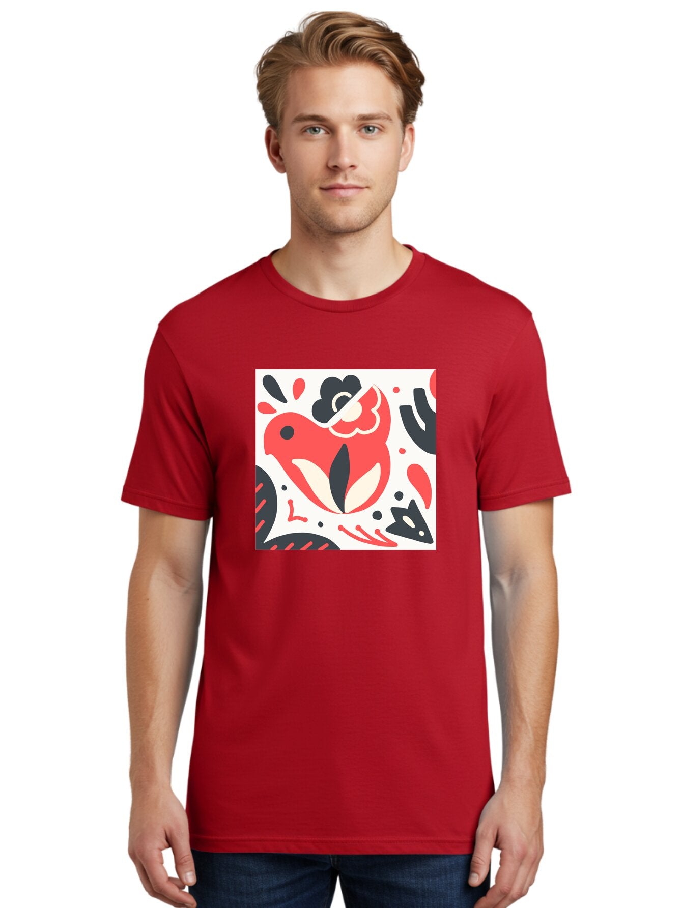 Red-Bird Men'S Graphic Tee, 100% Cotton, Comfortable Casual Summer Wear, Machine Washable, Stylized Fish Illustration, Abstract Shapes, Red And Black Accents, Modern Design, Artistic Expression, Creative Graphics, Bold Colors, Whimsical Art Aab779 25