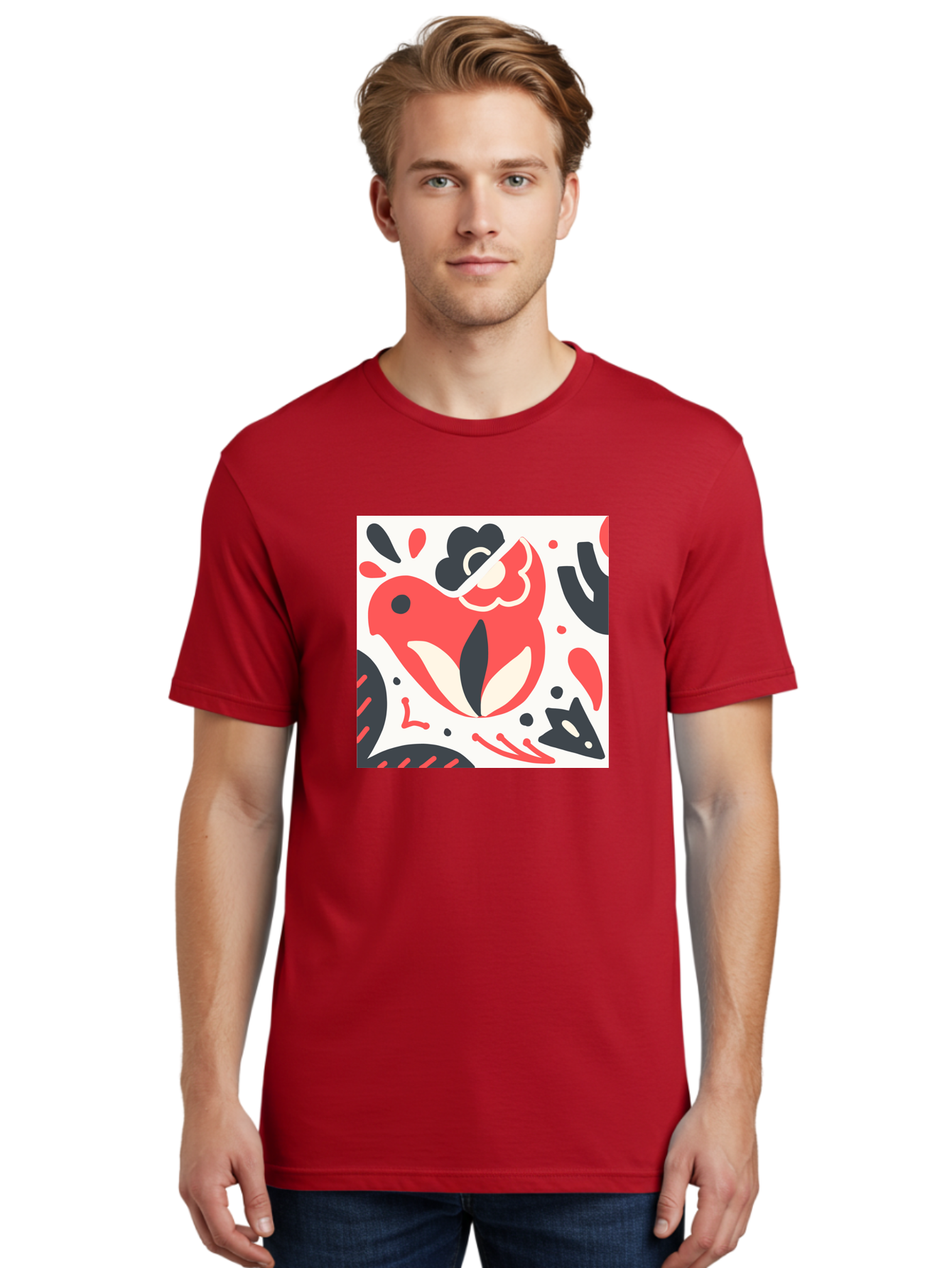 Red-Bird Men'S Graphic Tee, 100% Cotton, Comfortable Casual Summer Wear, Machine Washable, Stylized Fish Illustration, Abstract Shapes, Red And Black Accents, Modern Design, Artistic Expression, Creative Graphics, Bold Colors, Whimsical Art Aab779 12