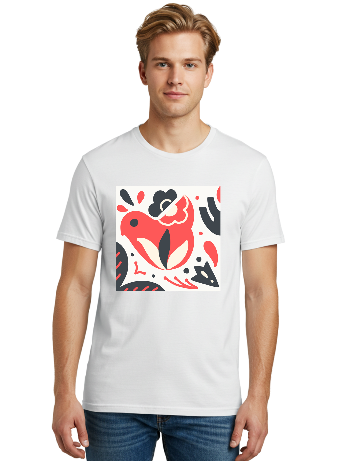 Red-Bird Men'S Graphic Tee, 100% Cotton, Comfortable Casual Summer Wear, Machine Washable, Stylized Fish Illustration, Abstract Shapes, Red And Black Accents, Modern Design, Artistic Expression, Creative Graphics, Bold Colors, Whimsical Art Aab779 6