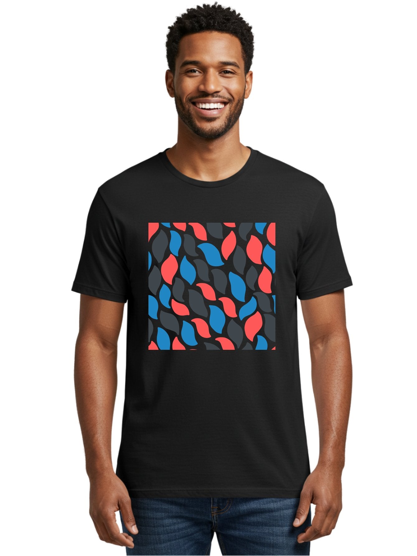 Red-Blue-Black-Leaves Men'S Graphic Tee, 100% Cotton, Comfortable Casual Summer Wear, Machine Washable, Colorful Leaf Pattern, Abstract Design, Red Blue Black Leaves, Vibrant Colors, Modern Art, Leaf Motif, Graphic Design, Creative Pattern, Aab781 30