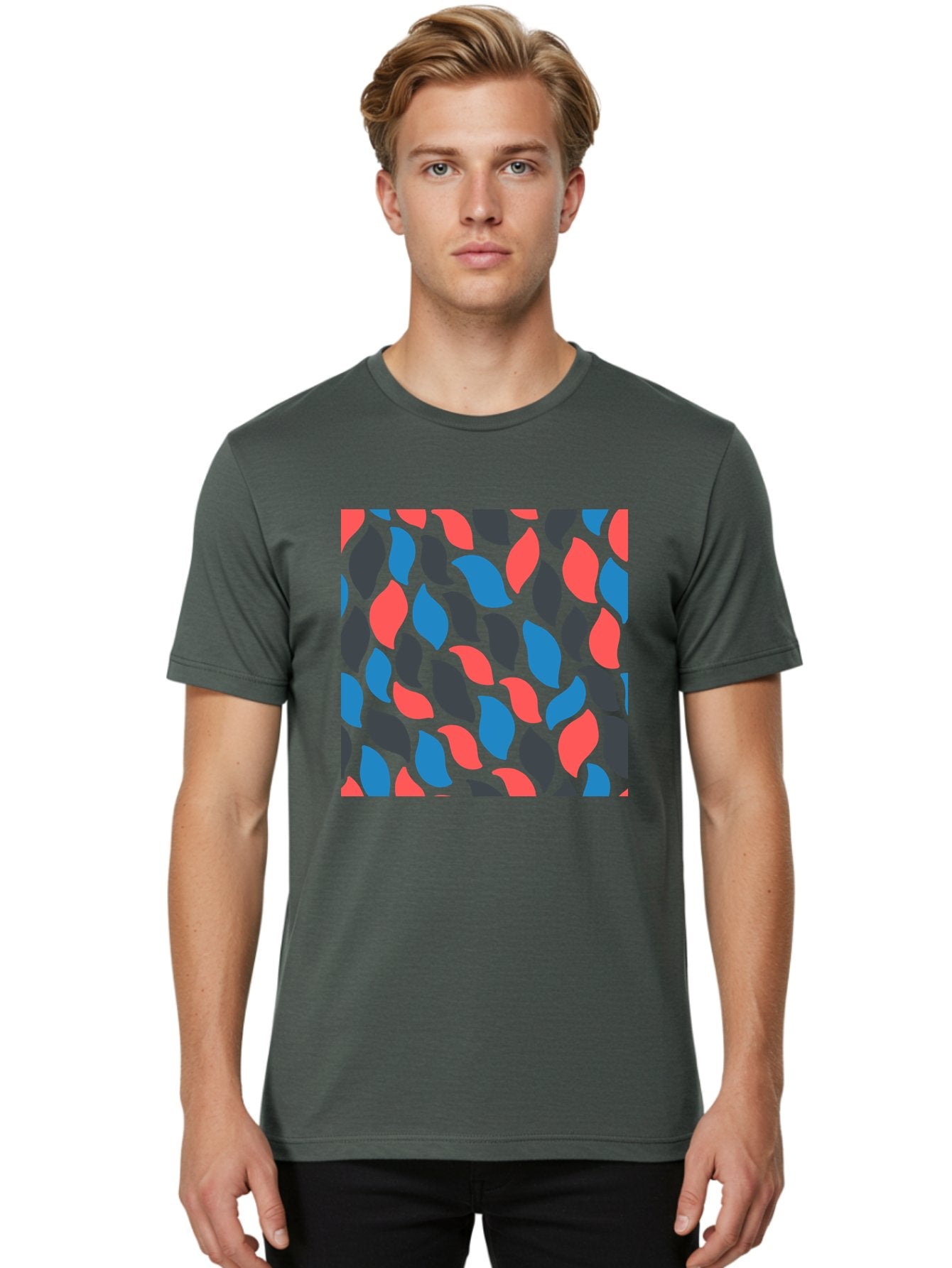 Red-Blue-Black-Leaves Men'S Graphic Tee, 100% Cotton, Comfortable Casual Summer Wear, Machine Washable, Colorful Leaf Pattern, Abstract Design, Red Blue Black Leaves, Vibrant Colors, Modern Art, Leaf Motif, Graphic Design, Creative Pattern, Aab781 18