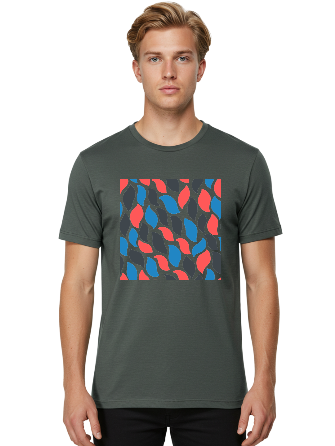 Red-Blue-Black-Leaves Men'S Graphic Tee, 100% Cotton, Comfortable Casual Summer Wear, Machine Washable, Colorful Leaf Pattern, Abstract Design, Red Blue Black Leaves, Vibrant Colors, Modern Art, Leaf Motif, Graphic Design, Creative Pattern, Aab781 24