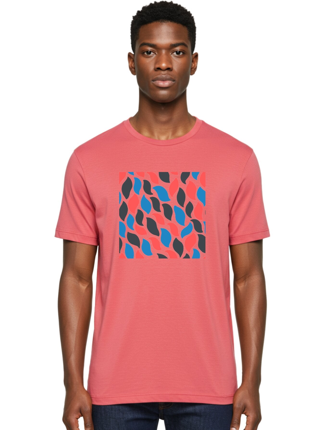 Red-Blue-Black-Leaves Men'S Graphic Tee, 100% Cotton, Comfortable Casual Summer Wear, Machine Washable, Colorful Leaf Pattern, Abstract Design, Red Blue Black Leaves, Vibrant Colors, Modern Art, Leaf Motif, Graphic Design, Creative Pattern, Aab781 26