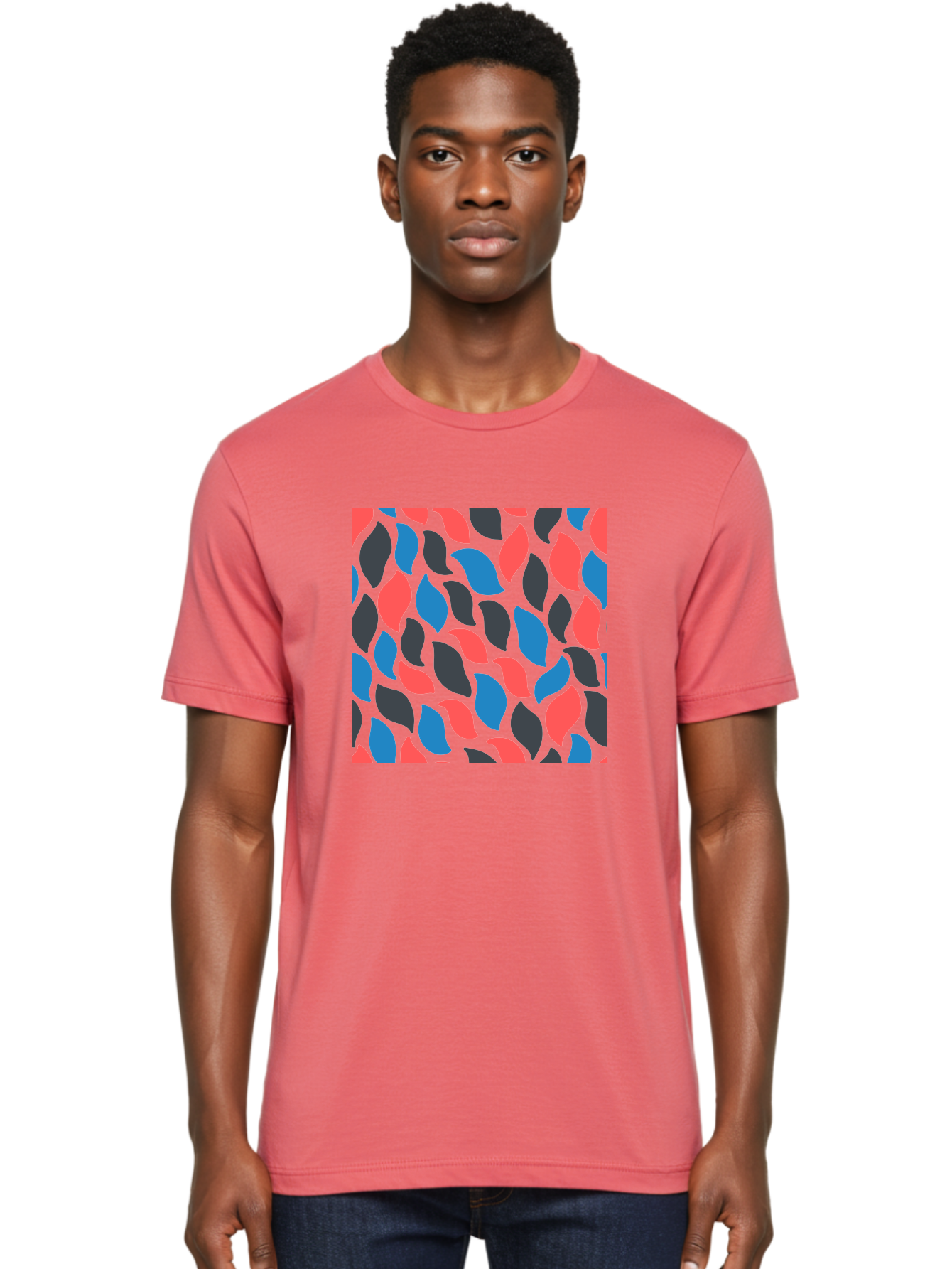 Red-Blue-Black-Leaves Men'S Graphic Tee, 100% Cotton, Comfortable Casual Summer Wear, Machine Washable, Colorful Leaf Pattern, Abstract Design, Red Blue Black Leaves, Vibrant Colors, Modern Art, Leaf Motif, Graphic Design, Creative Pattern, Aab781 10